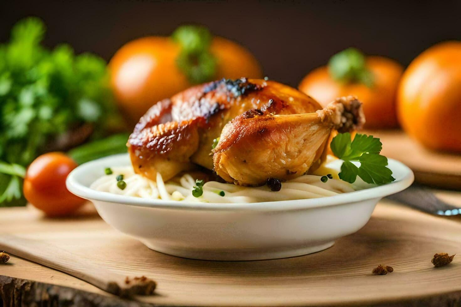chicken in a bowl with noodles and vegetables. AI-Generated photo