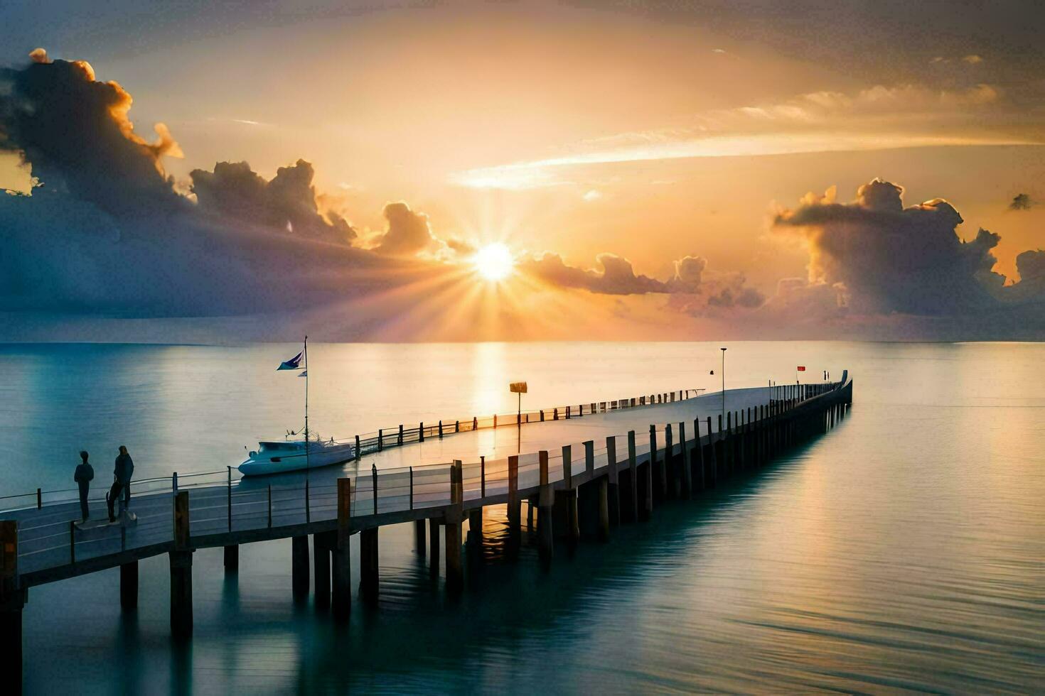 el Dom sube terminado un muelle en el océano. generado por ai foto