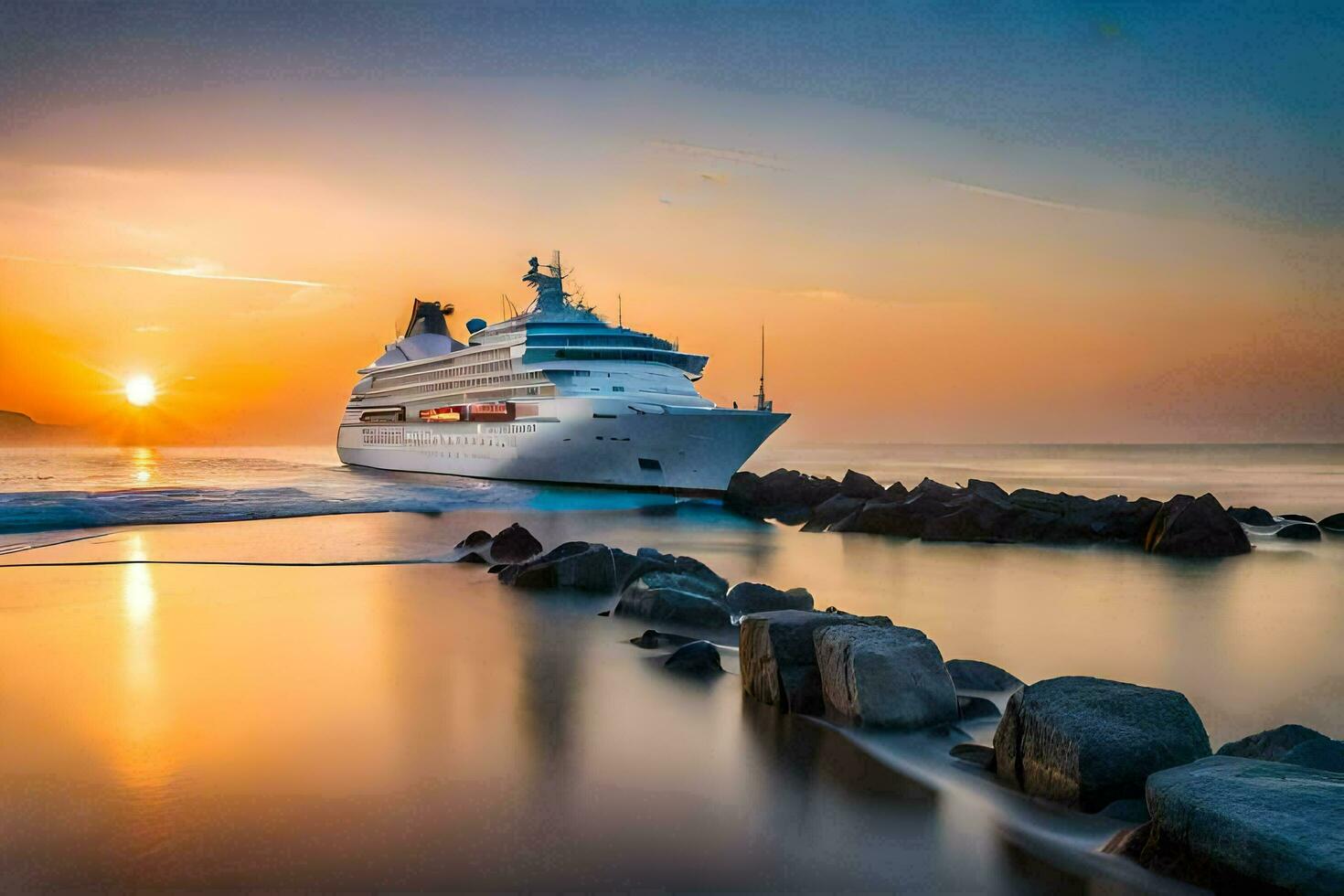 un crucero Embarcacion en el Oceano a puesta de sol. generado por ai foto