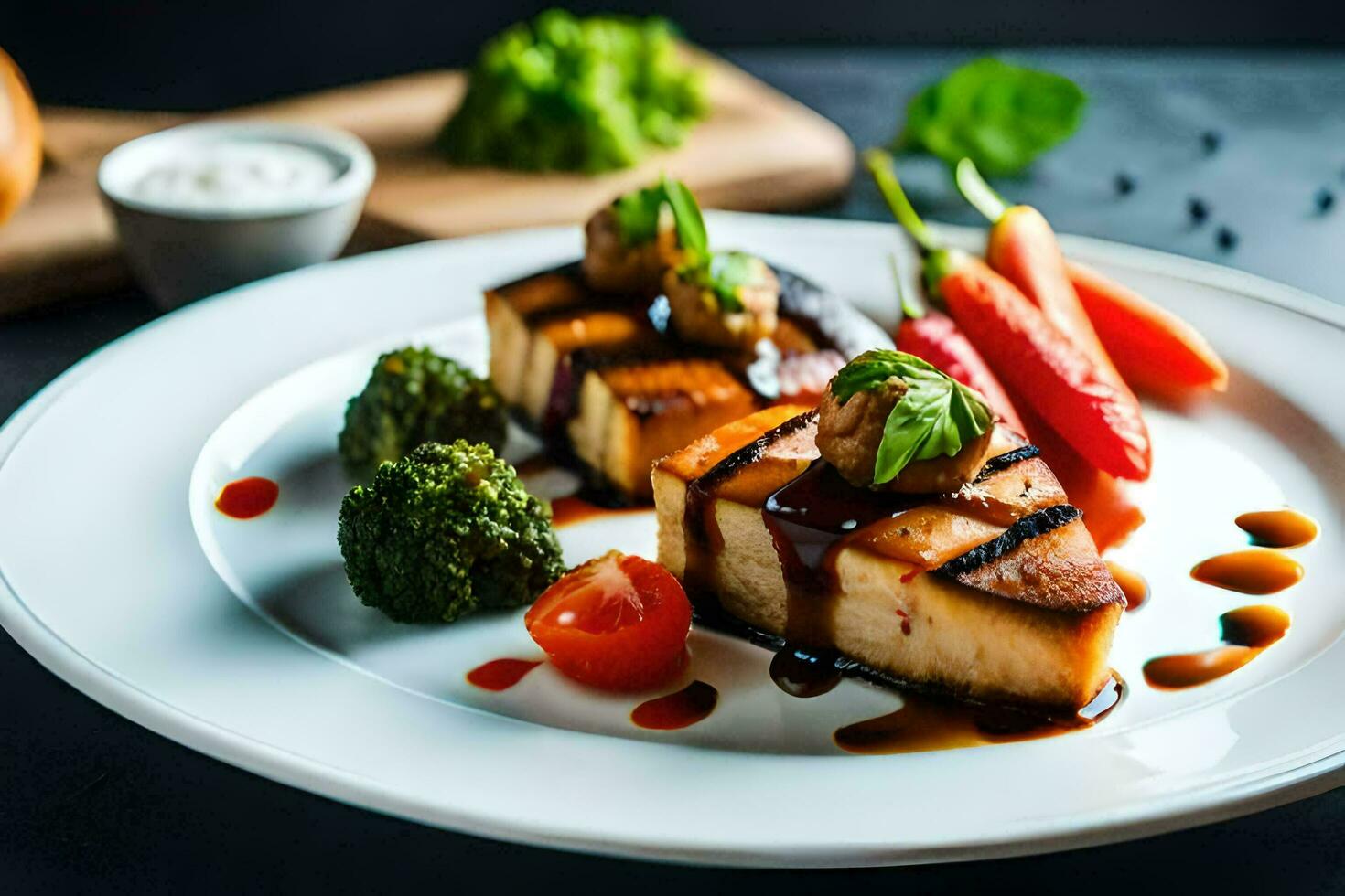 a plate with grilled fish and vegetables. AI-Generated photo