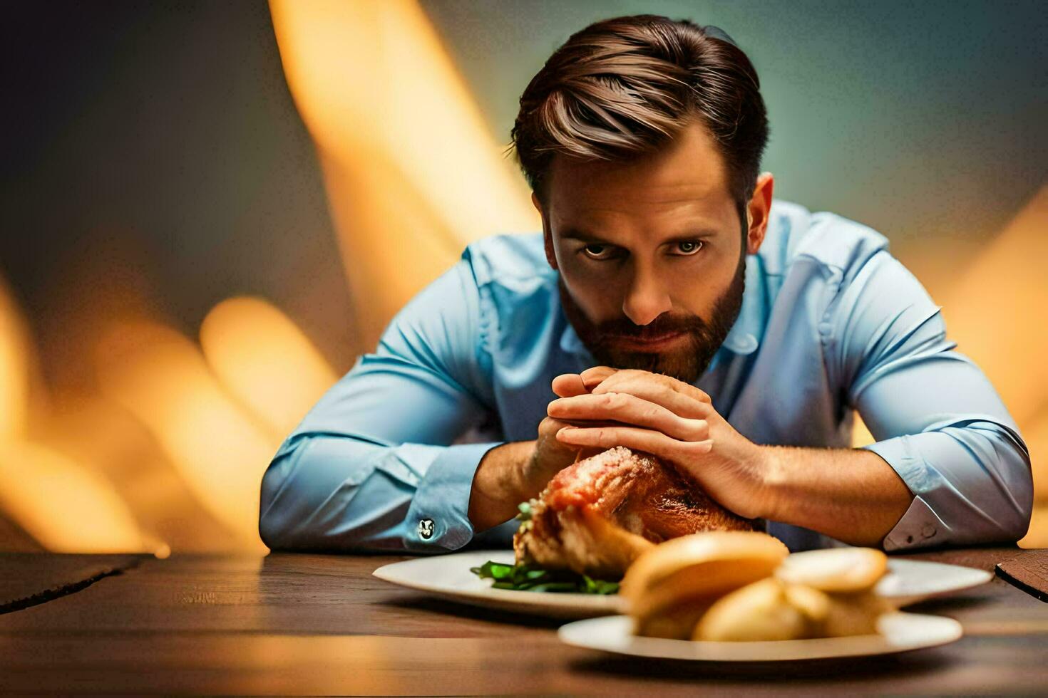 un hombre es sentado a un mesa con un plato de alimento. generado por ai foto