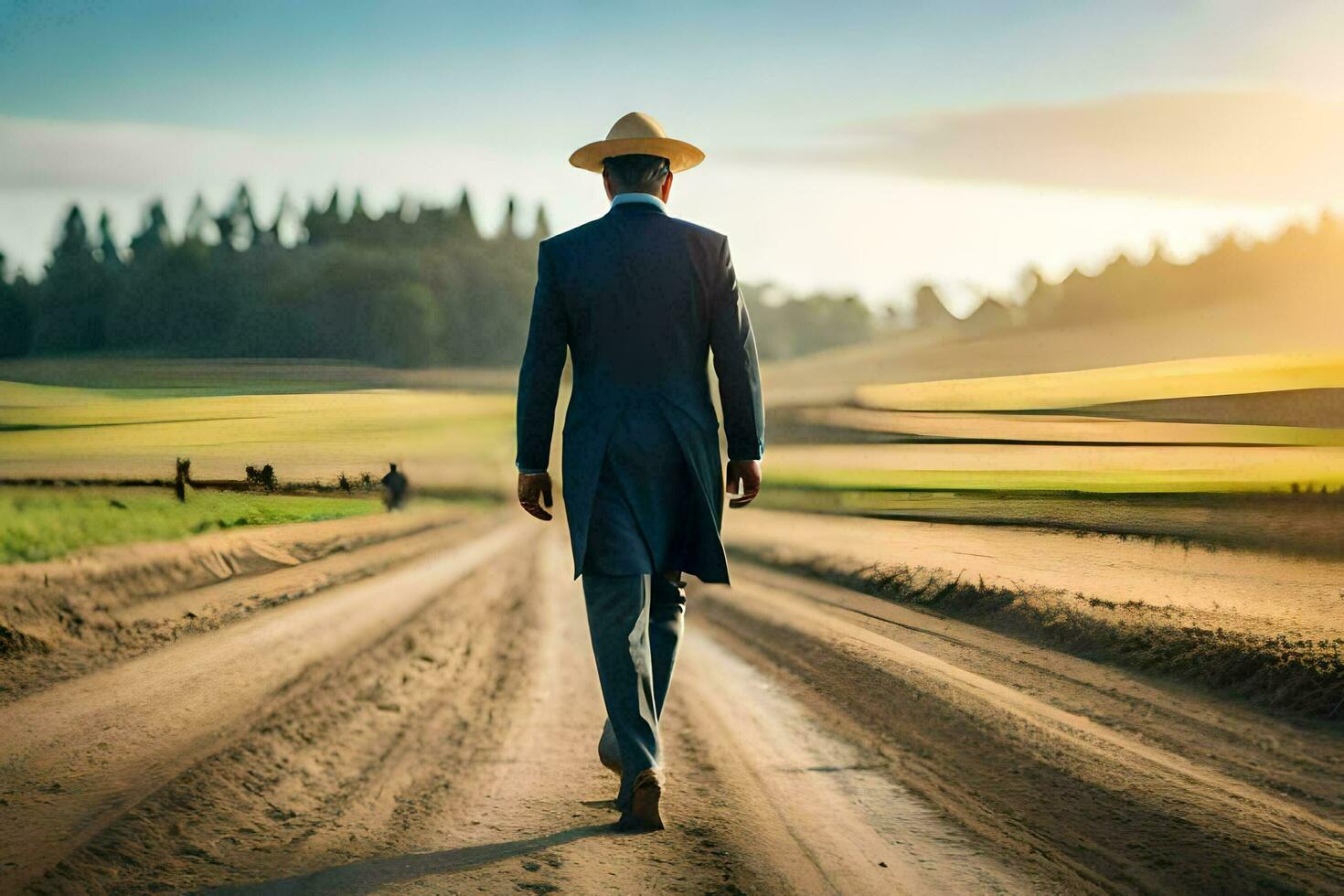 a man in a suit and hat walking down a dirt road. AI-Generated photo