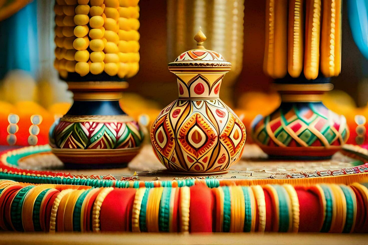 colorful vases and beads on a table. AI-Generated photo