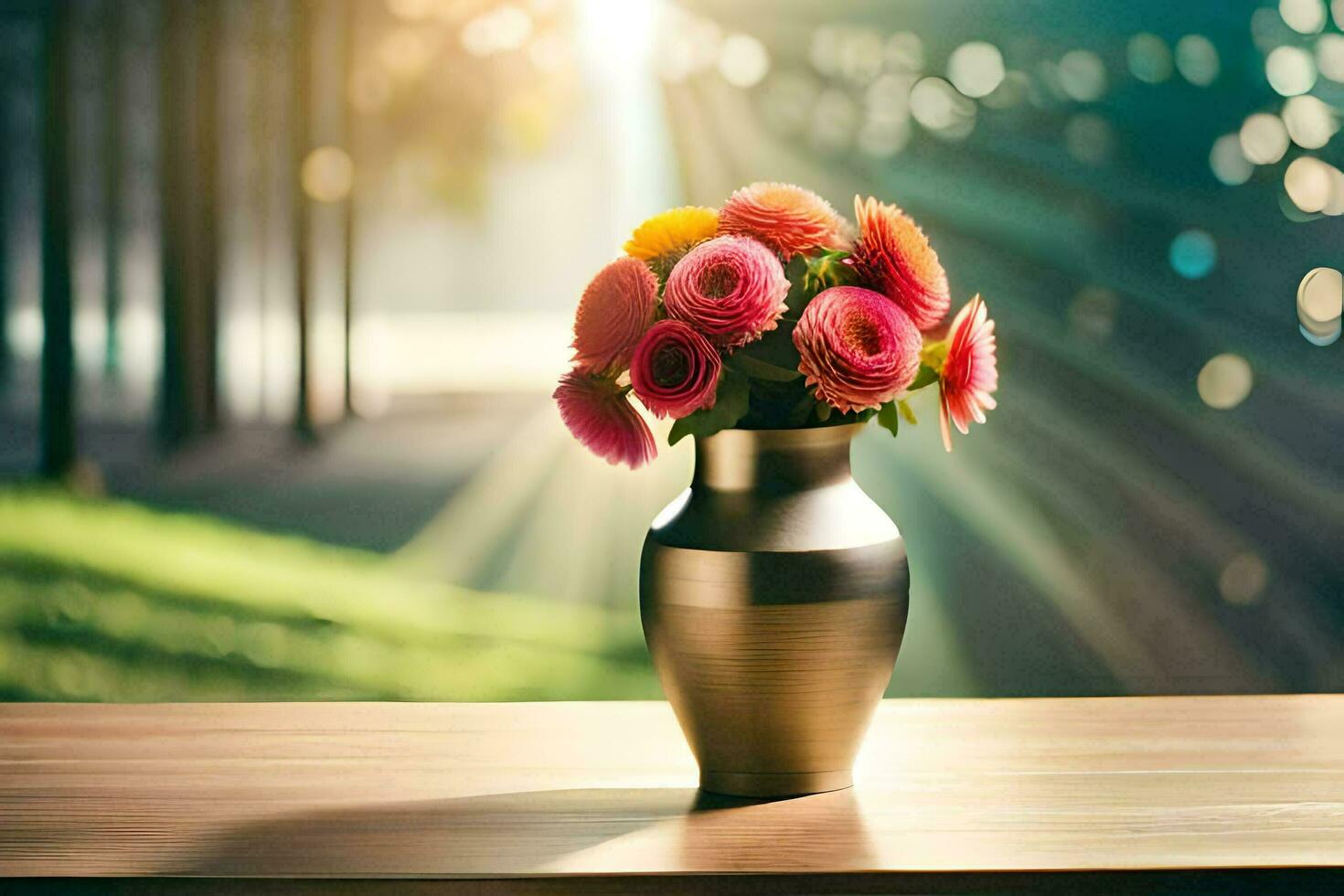 a vase with flowers on a table in front of a park. AI-Generated photo