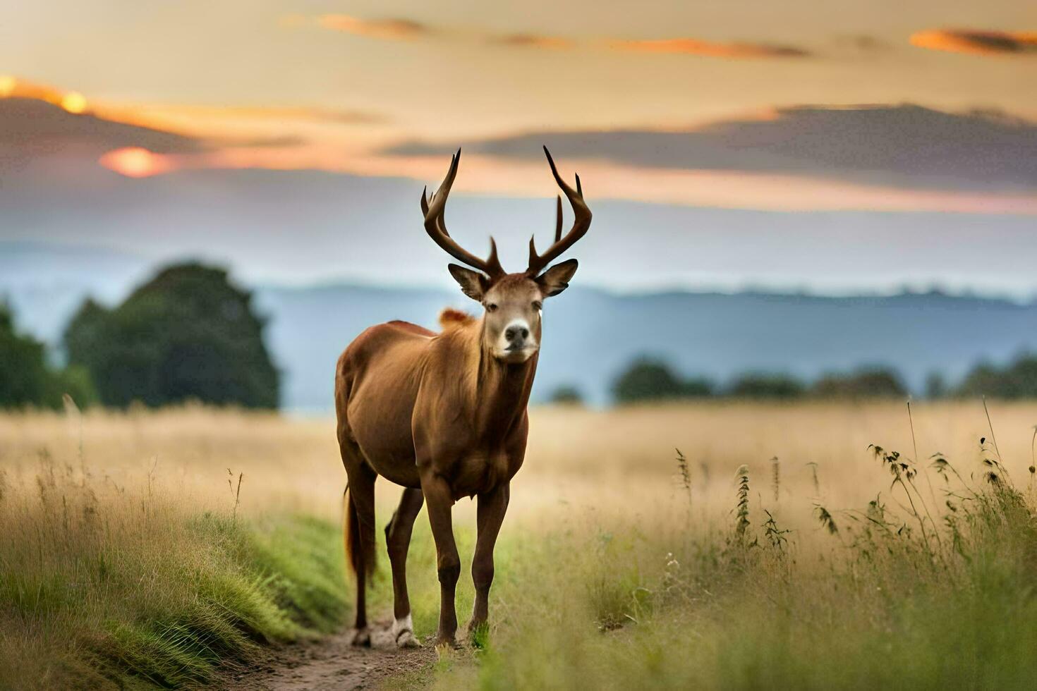 a deer stands in the middle of a field. AI-Generated photo