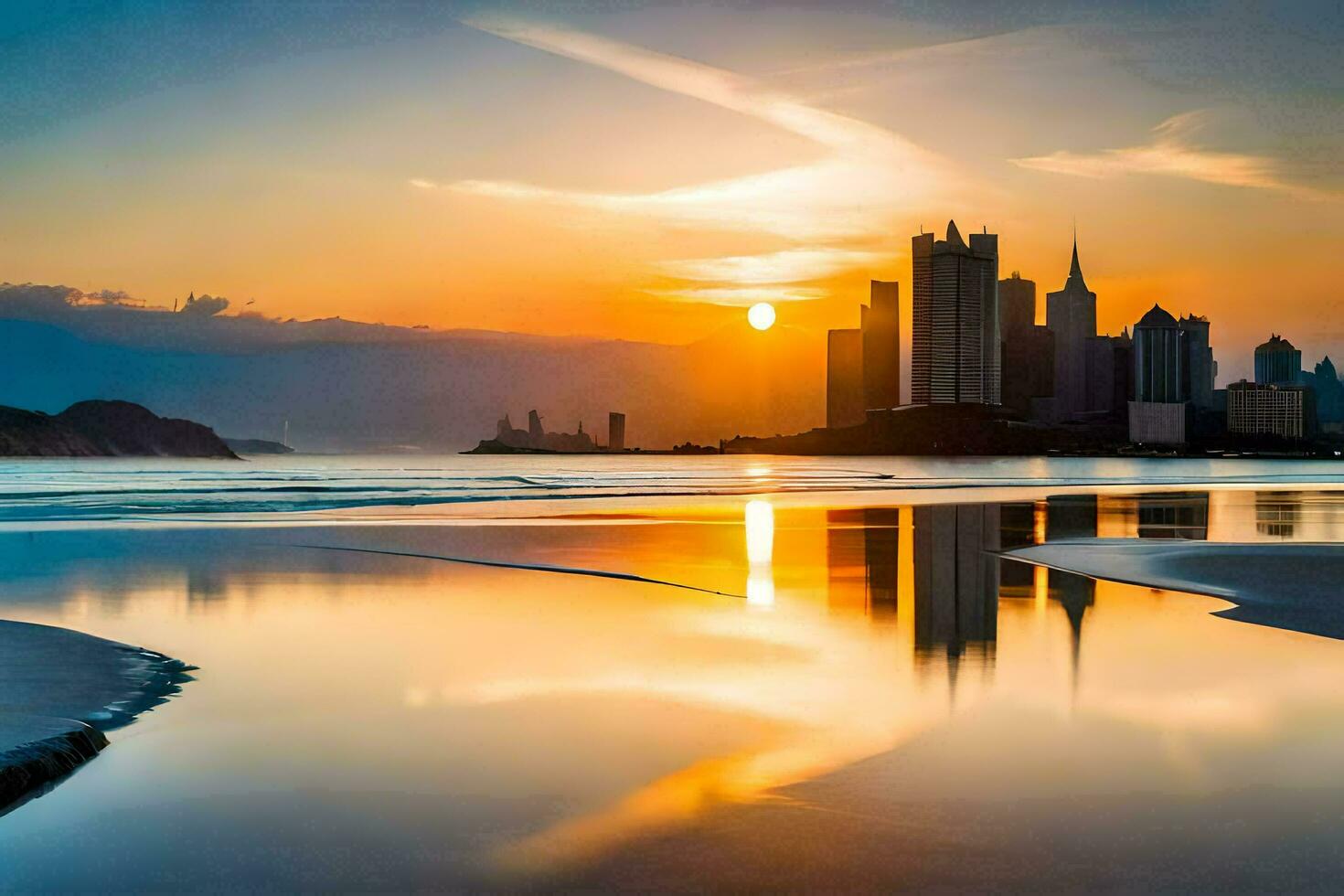 the sun sets over a city skyline reflected in the water. AI-Generated photo