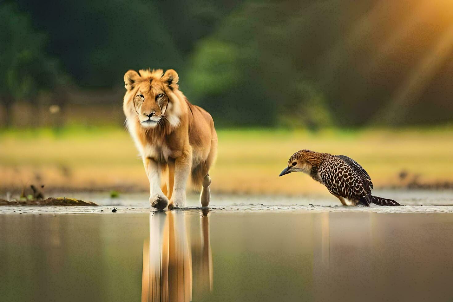 a lion and a bird walk across a lake. AI-Generated photo