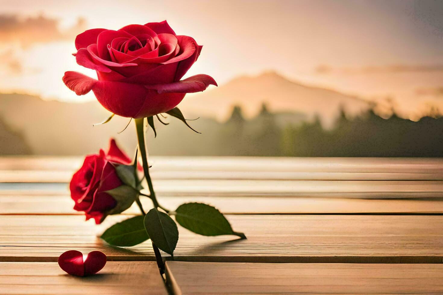 two red roses sit on a wooden table in front of a sunset. AI-Generated photo