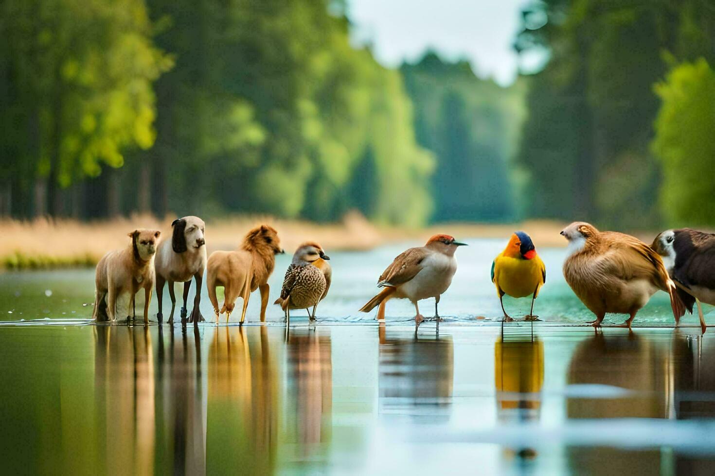 a group of birds and a dog standing in the water. AI-Generated photo