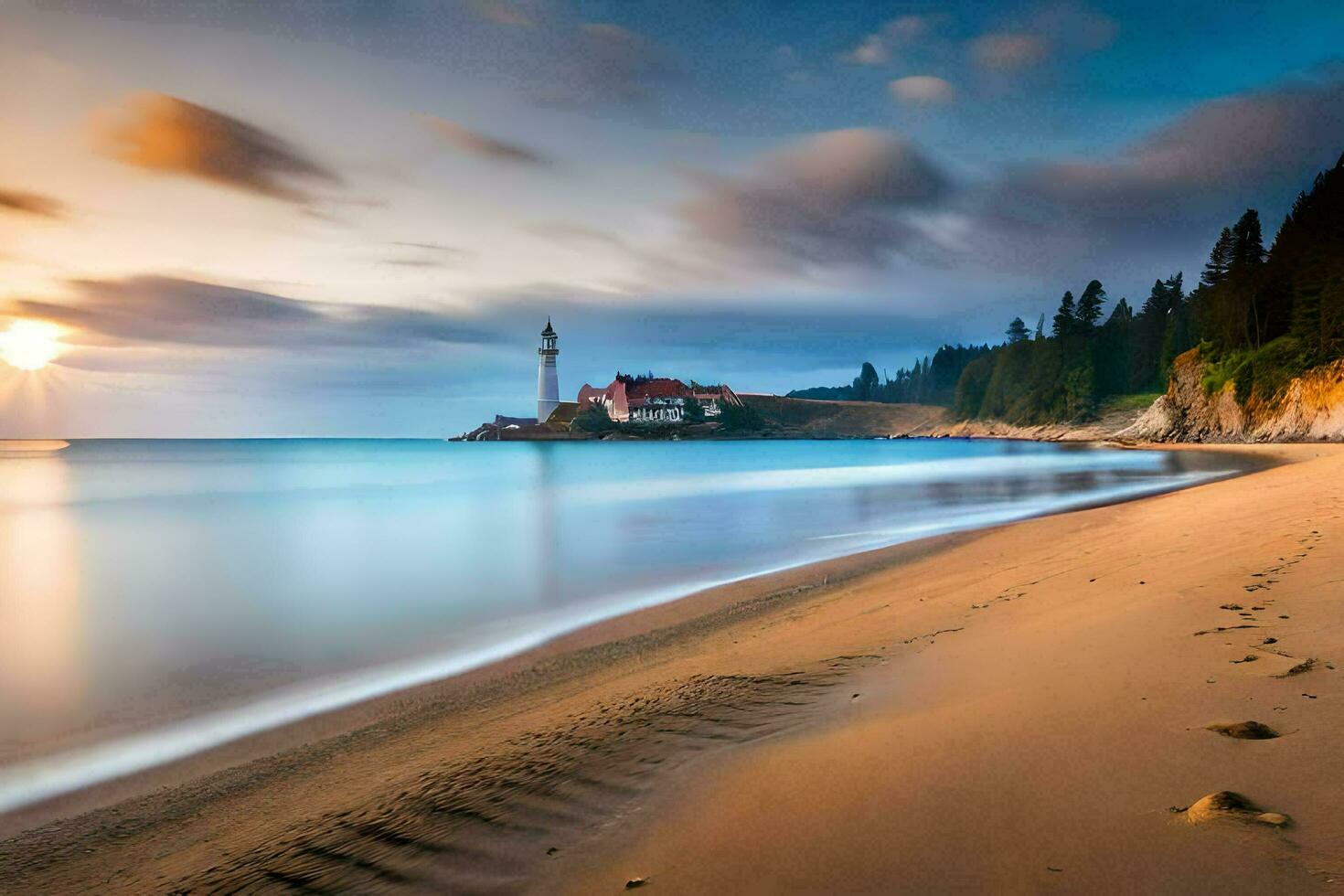 the sun sets over the beach and lighthouse. AI-Generated photo