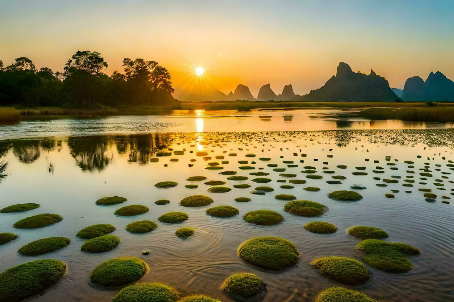 the sun sets over a river with green algae. AI-Generated photo