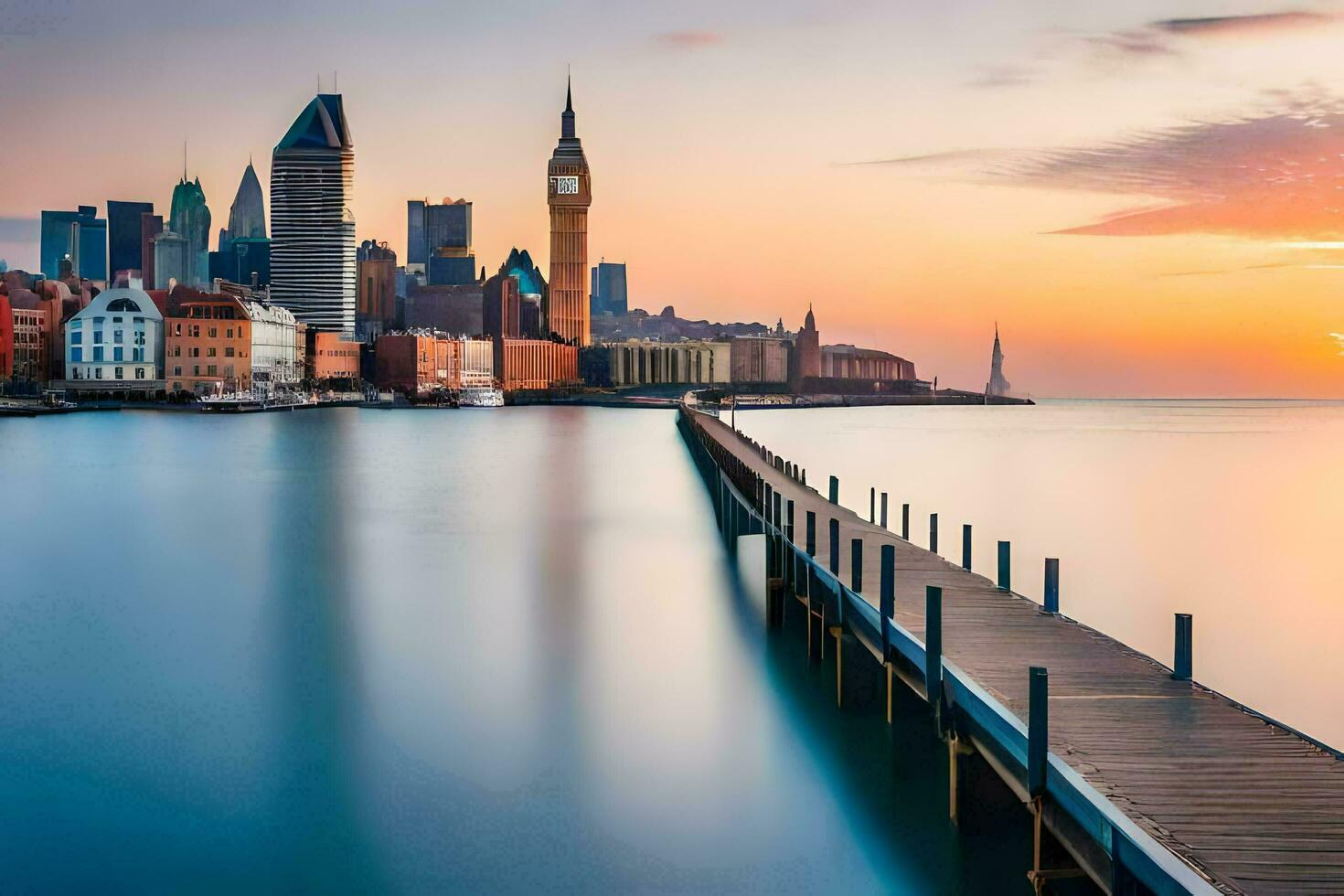 a pier in front of a city skyline at sunset. AI-Generated photo