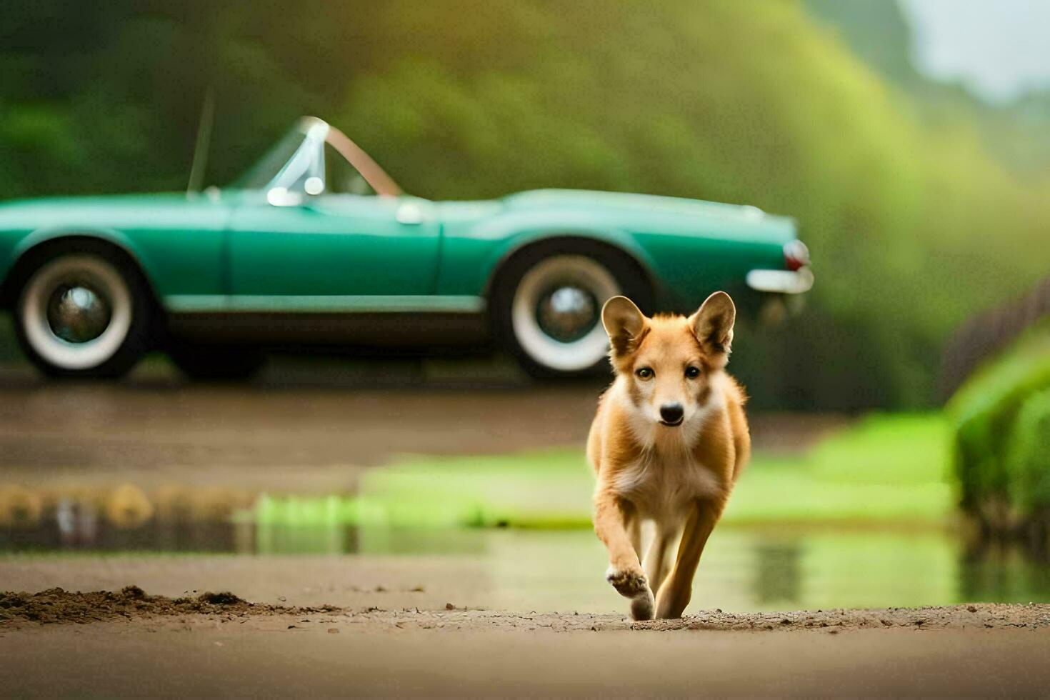 a dog walking in front of a green car. AI-Generated photo