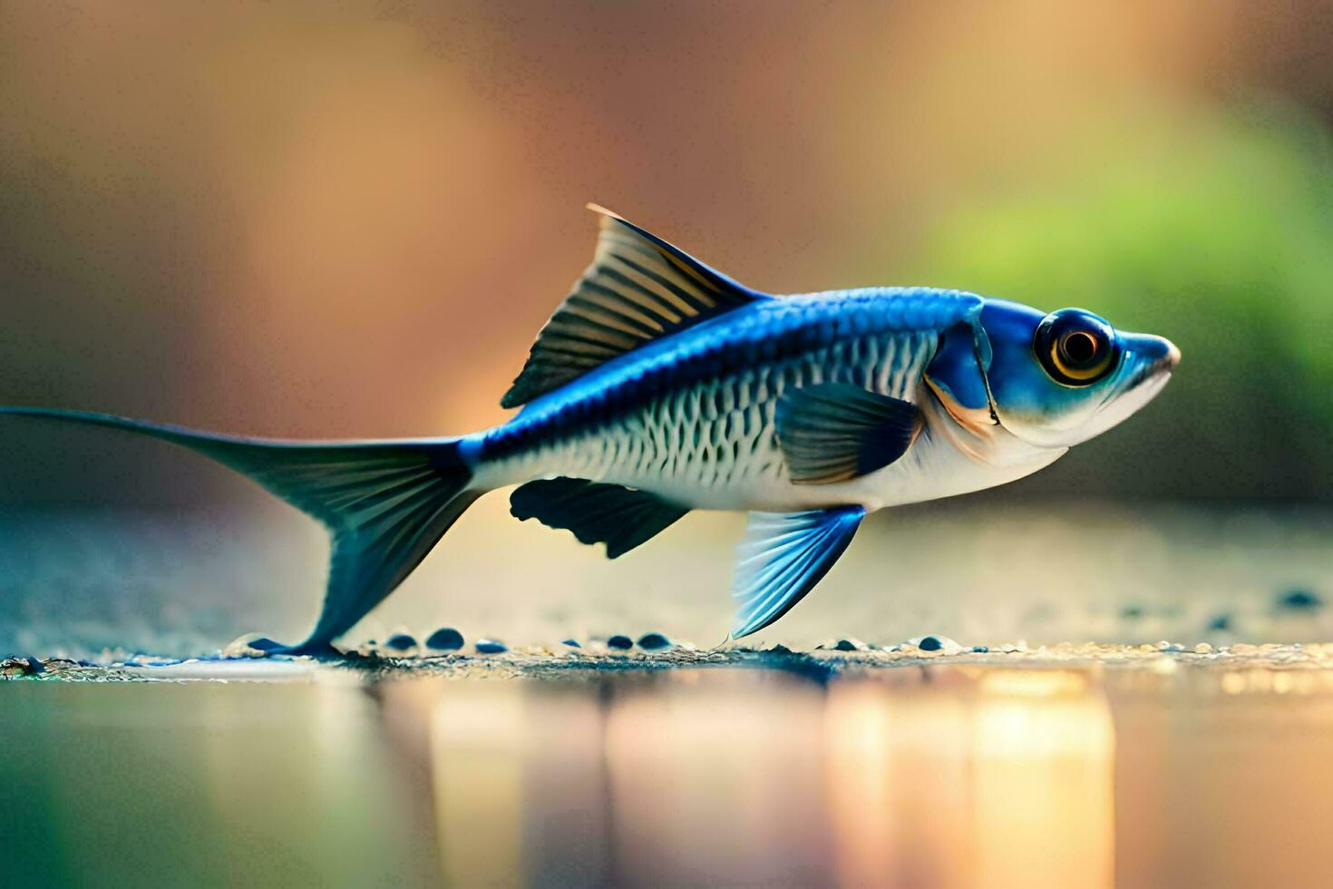 a fish with blue and black fins is walking on the water. AI-Generated photo