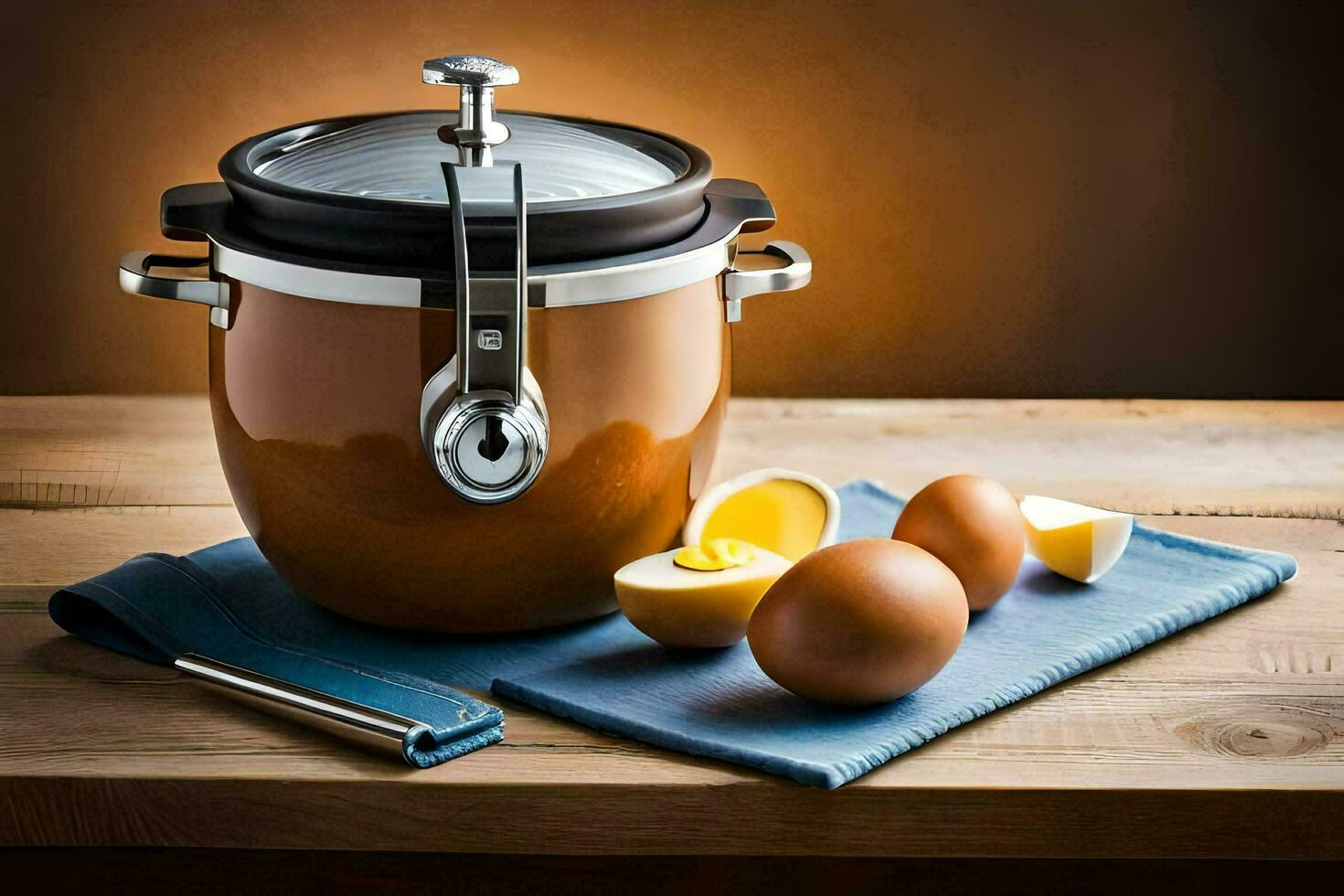 an old style pressure cooker with eggs and a knife. AI-Generated photo