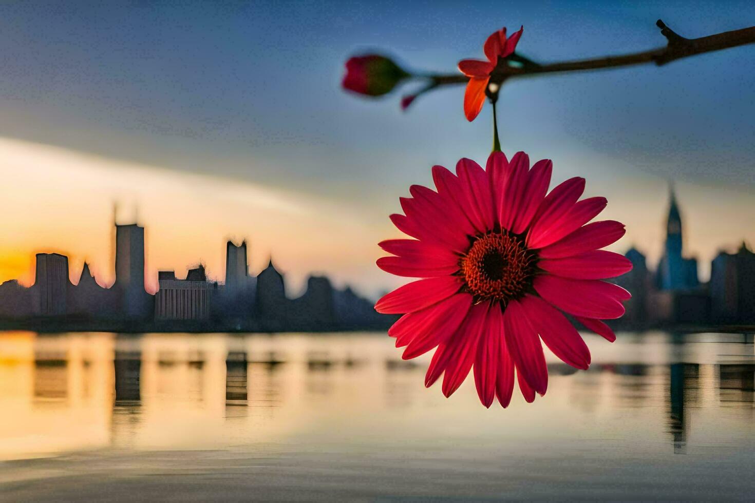 a flower is in front of a city skyline at sunset. AI-Generated photo