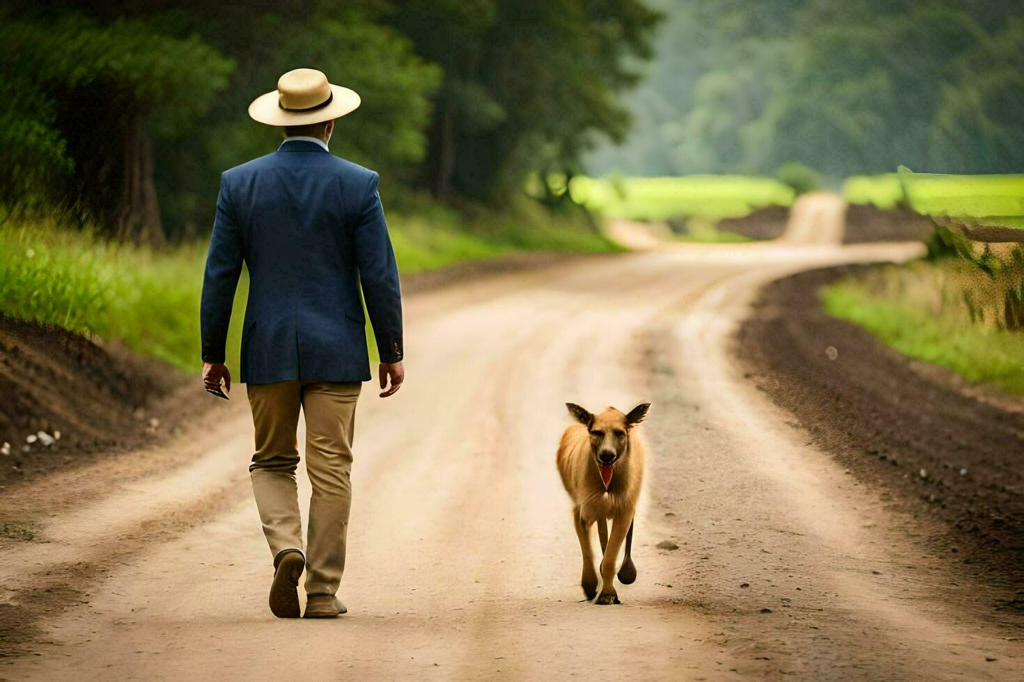 a man in a suit and hat walking down a dirt road with a dog. AI-Generated photo