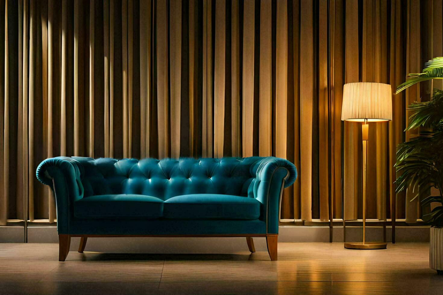 a blue leather couch in front of a wall. AI-Generated photo