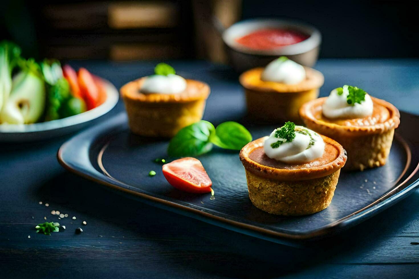 mini quiches with cheese and tomato sauce on a black plate. AI-Generated photo