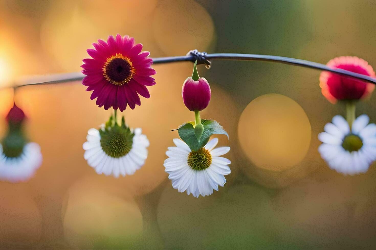 flowers hanging from a wire with a sunset in the background. AI-Generated photo