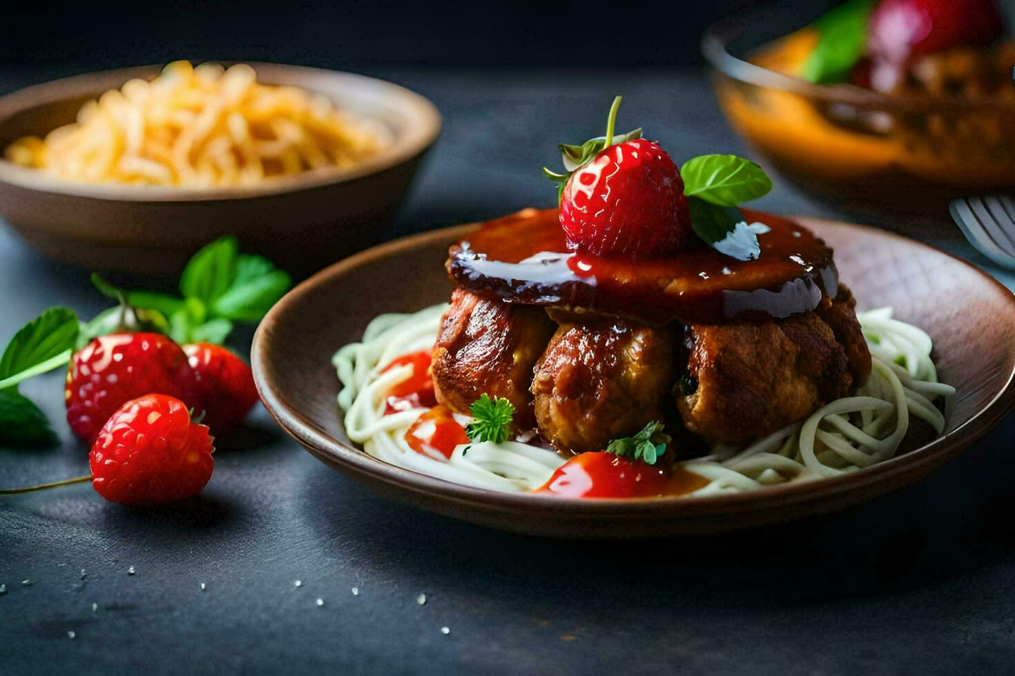 chicken meatballs with sauce and noodles on a plate. AI-Generated photo