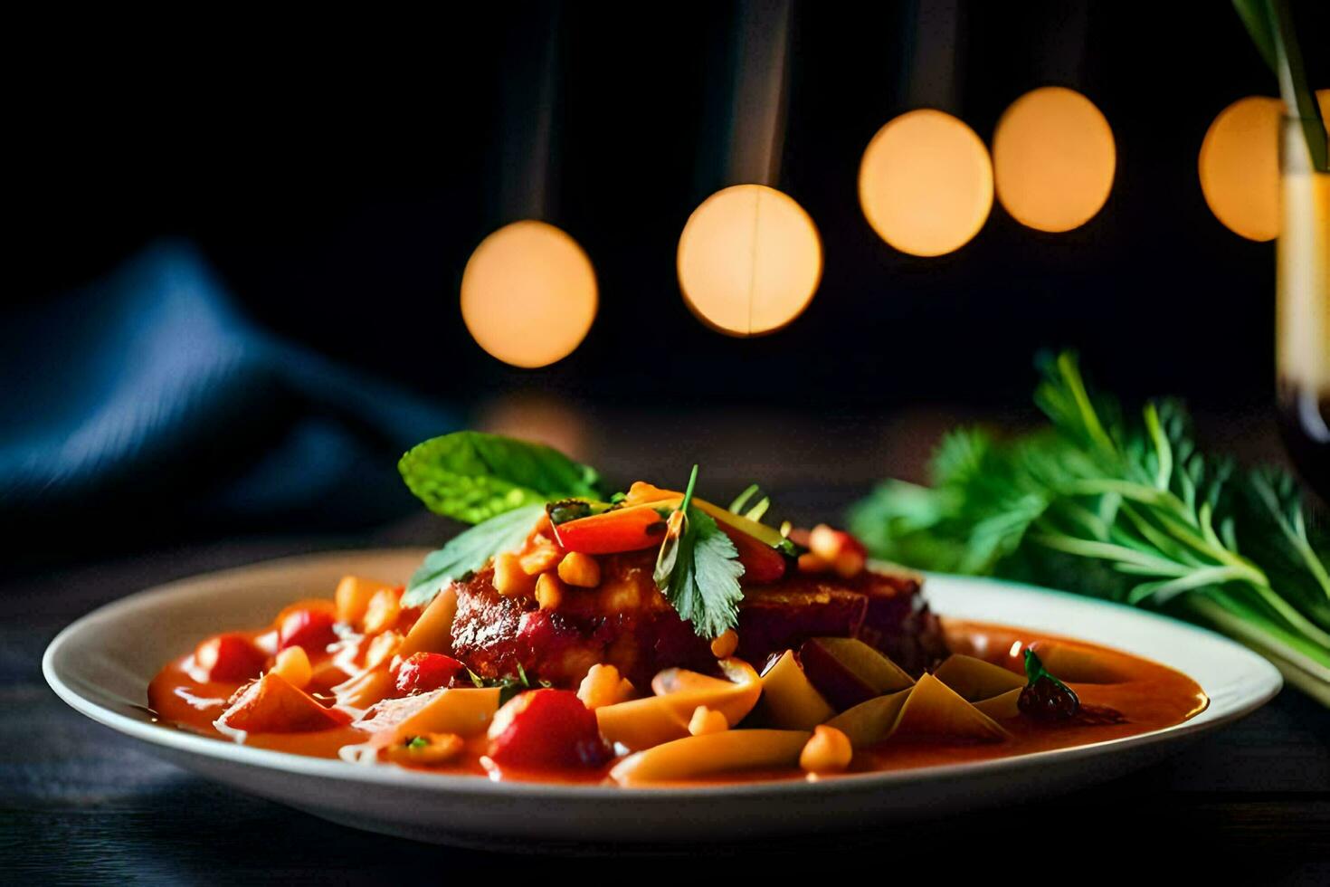 a plate of pasta with meat and vegetables on a wooden table. AI-Generated photo