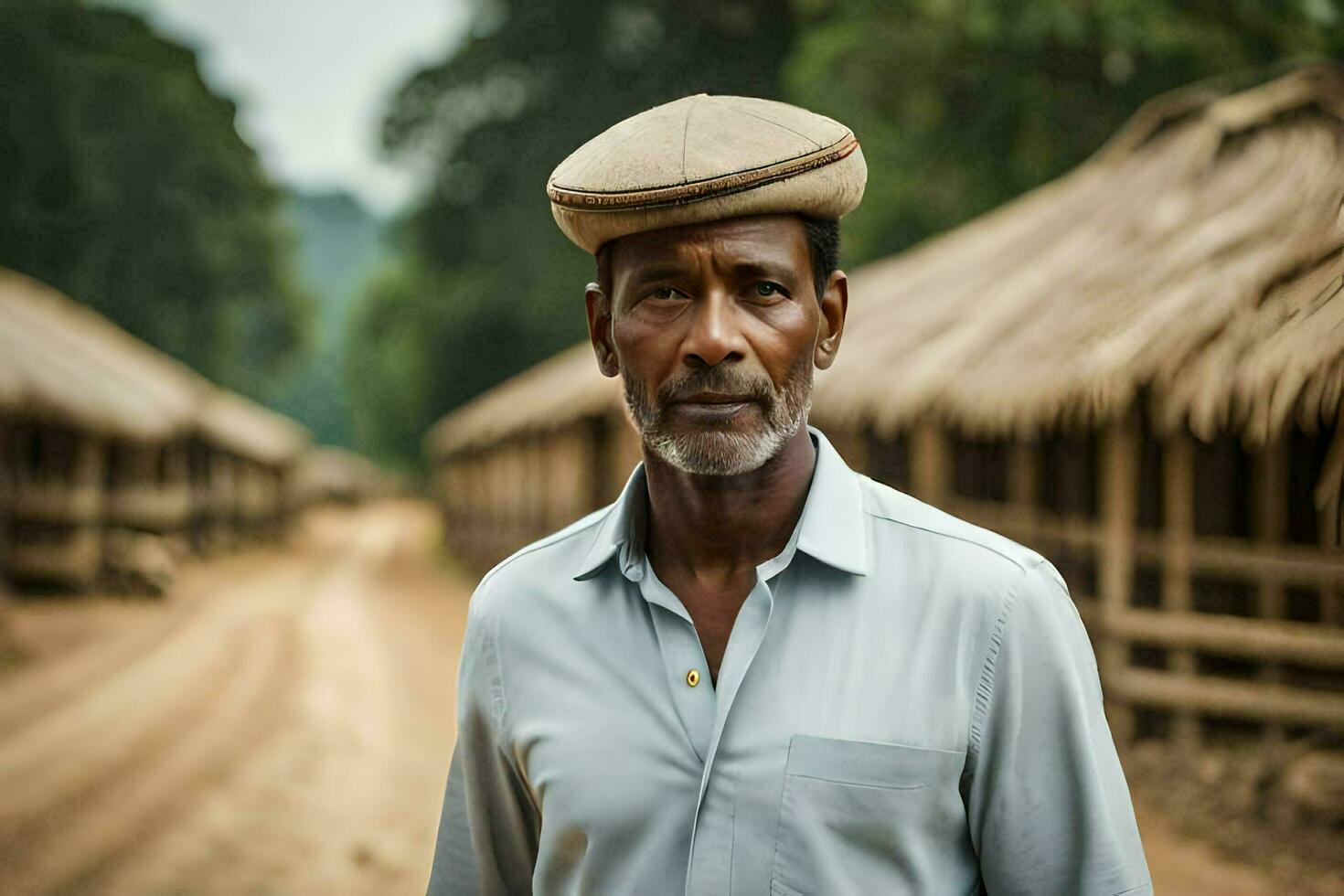 a man in a hat stands in front of a hut. AI-Generated photo