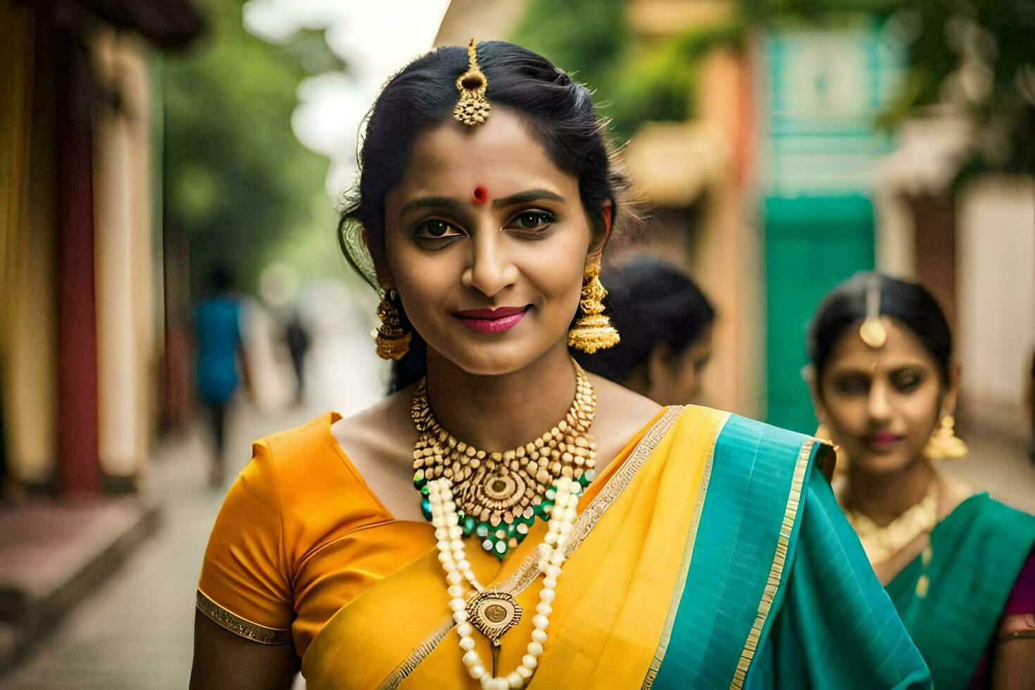 a woman in a sari and jewelry. AI-Generated photo