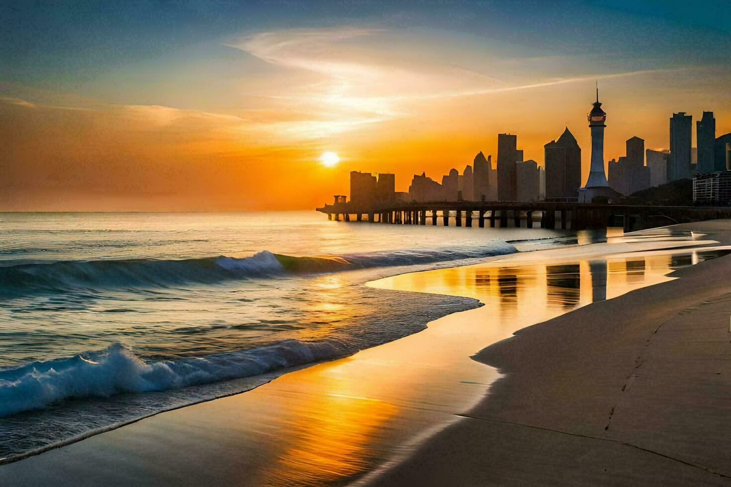 the sun sets over the city skyline in dubai. AI-Generated photo