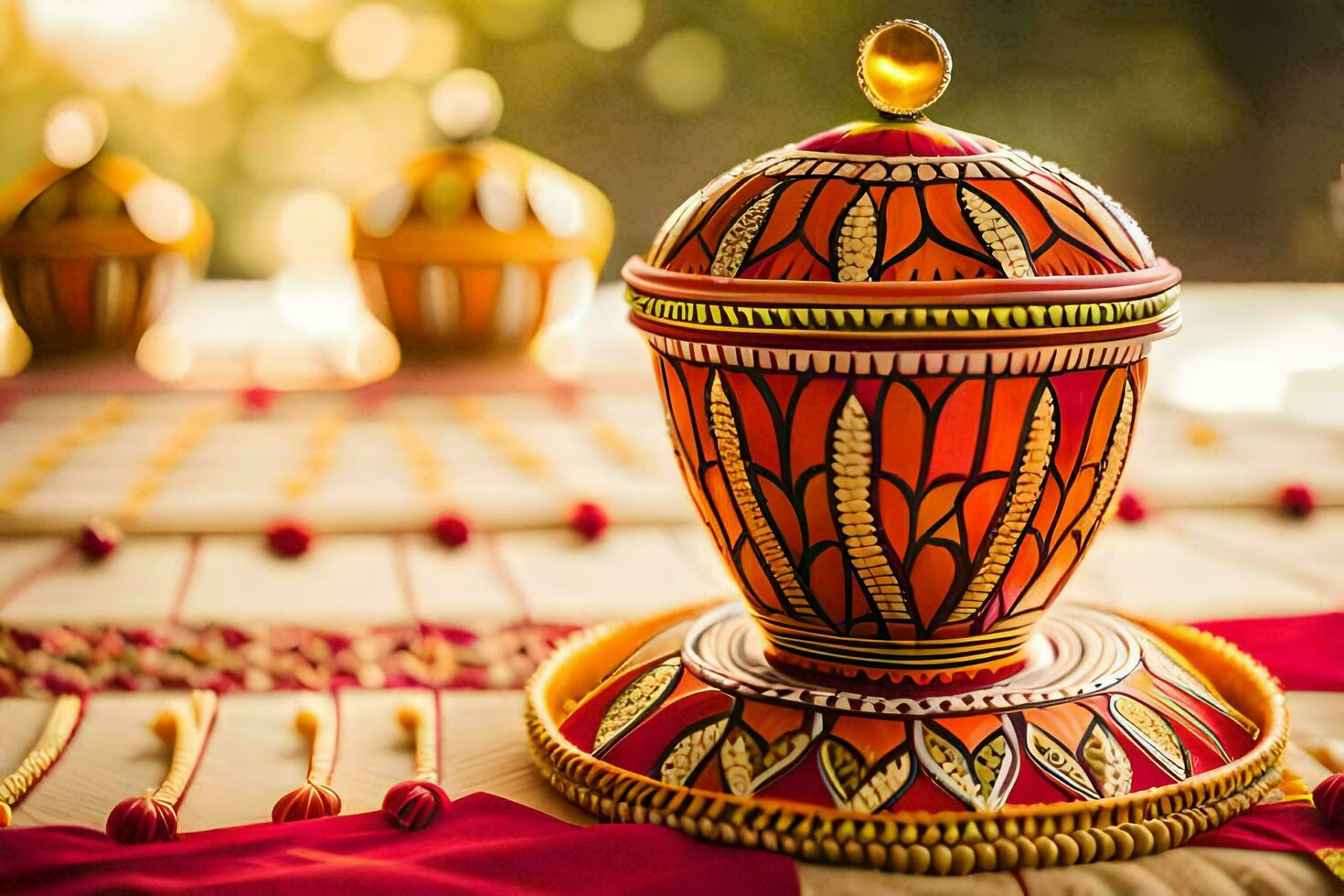 a table with a red and gold vase on it. AI-Generated photo