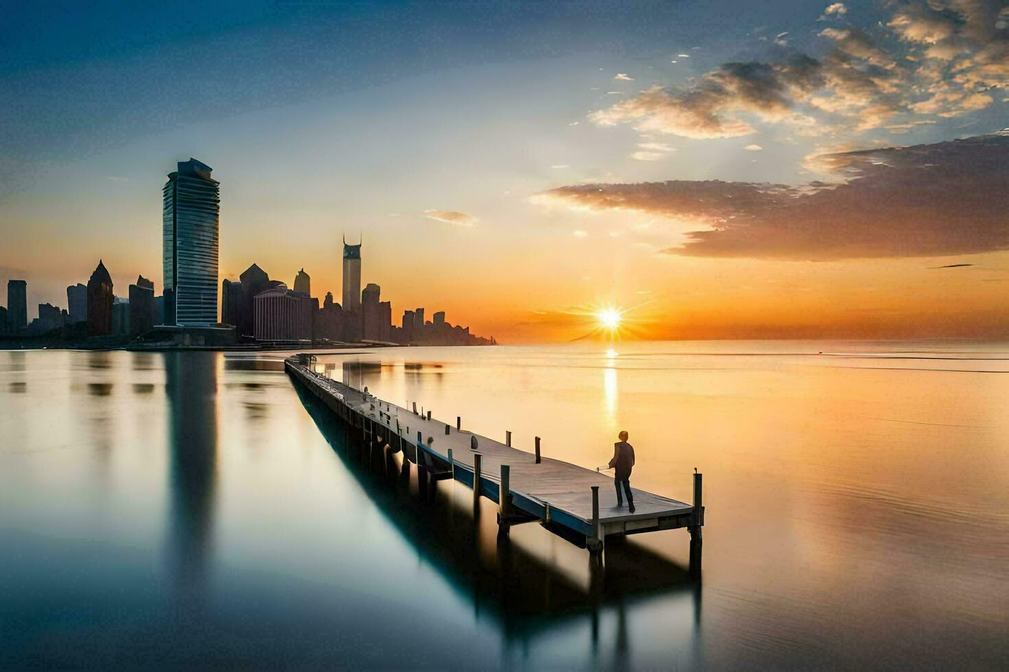 a man stands on a pier looking at the city skyline. AI-Generated photo