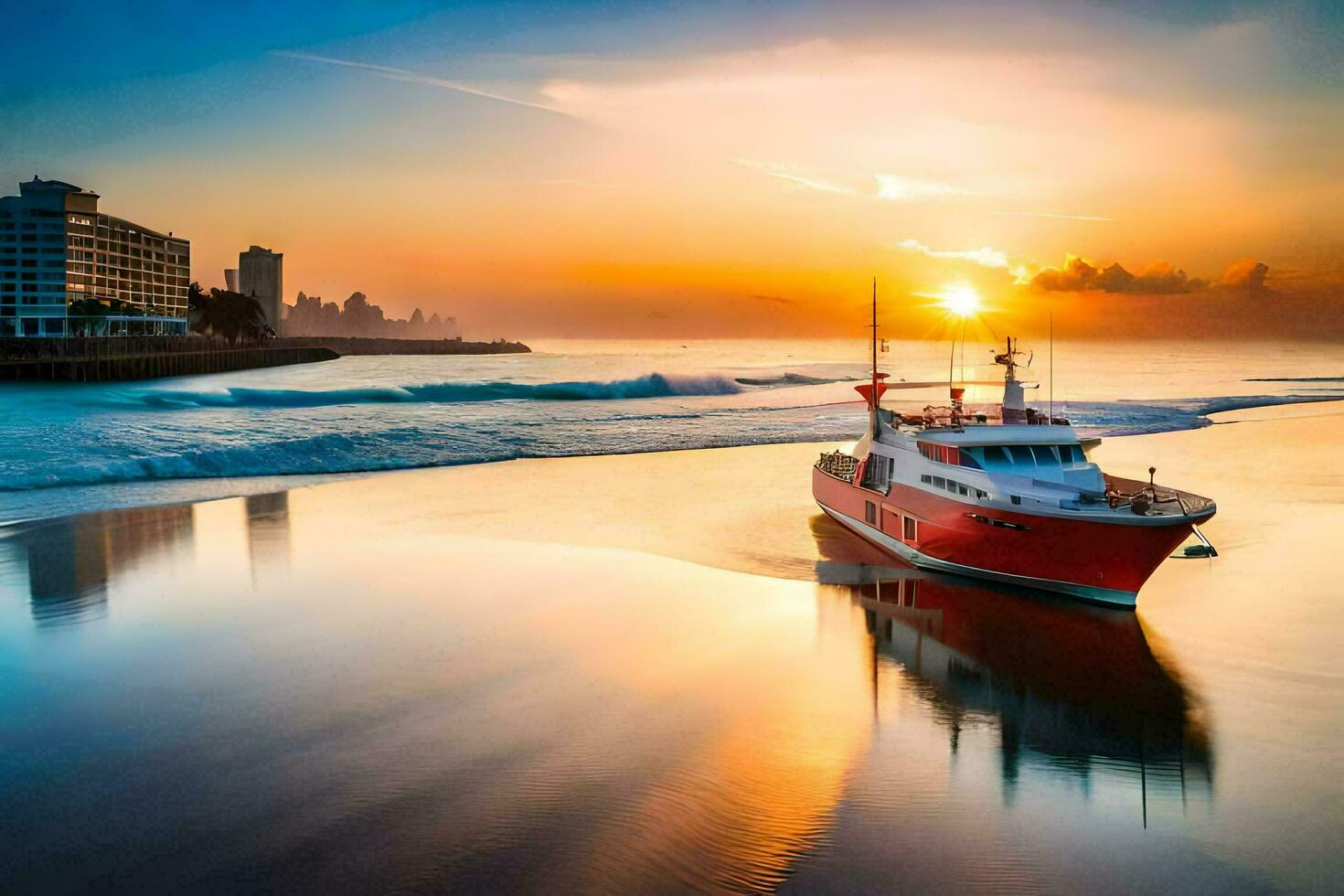 a boat is sailing on the beach at sunset. AI-Generated photo
