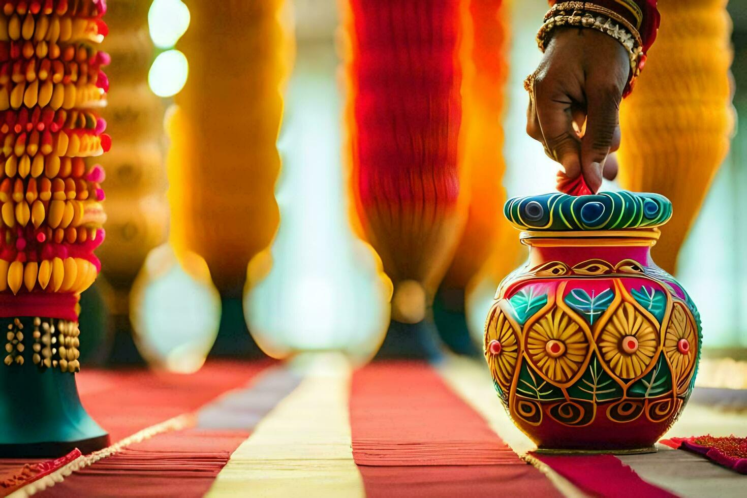a person is holding a colorful vase on a red carpet. AI-Generated photo