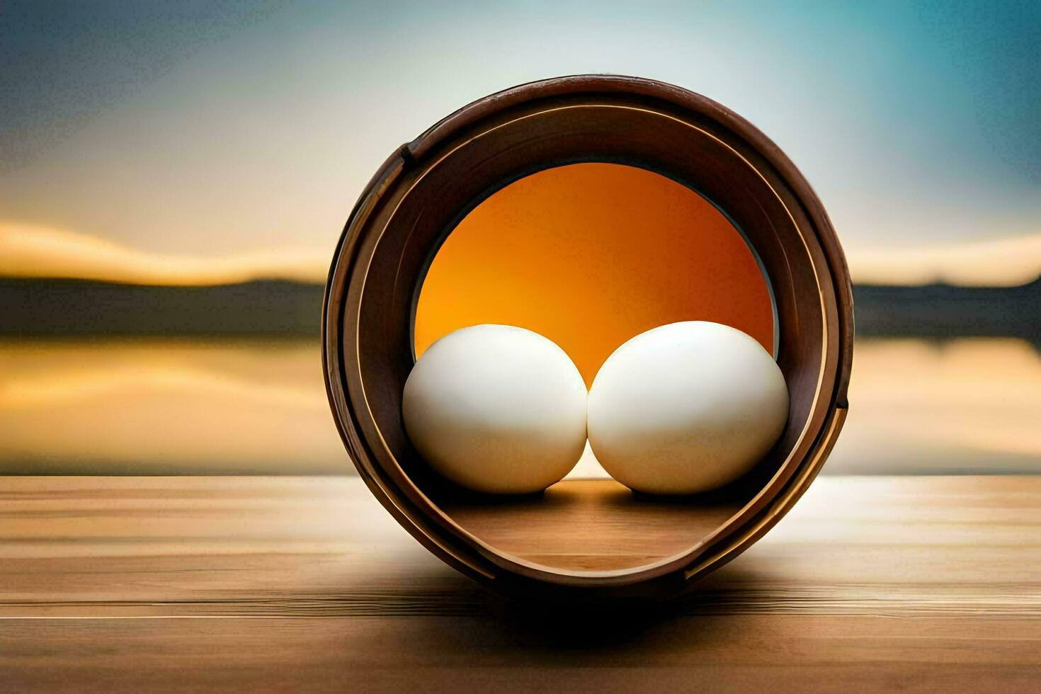 two eggs in a wooden bowl with a sunset in the background. AI-Generated photo