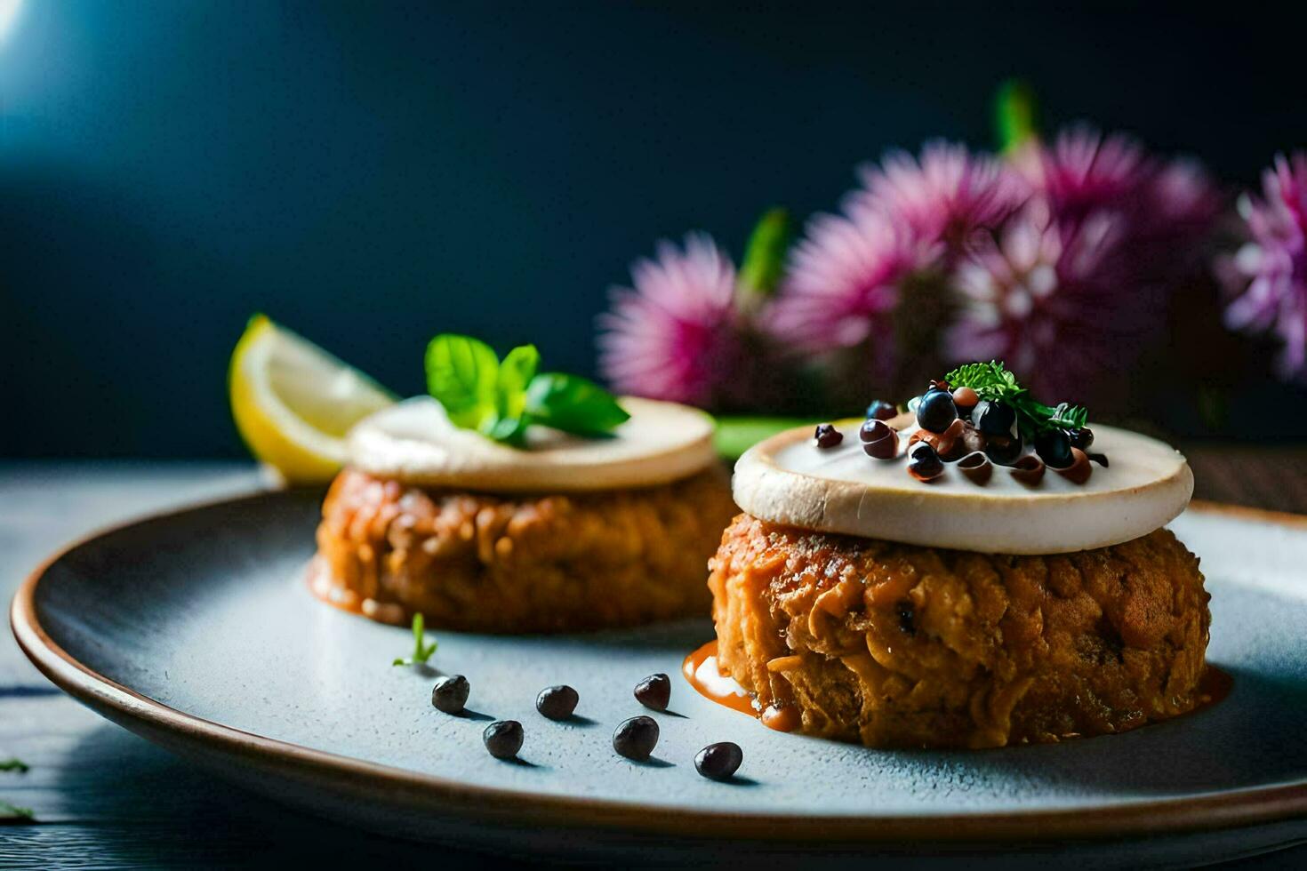 two small cakes on a plate with flowers. AI-Generated photo