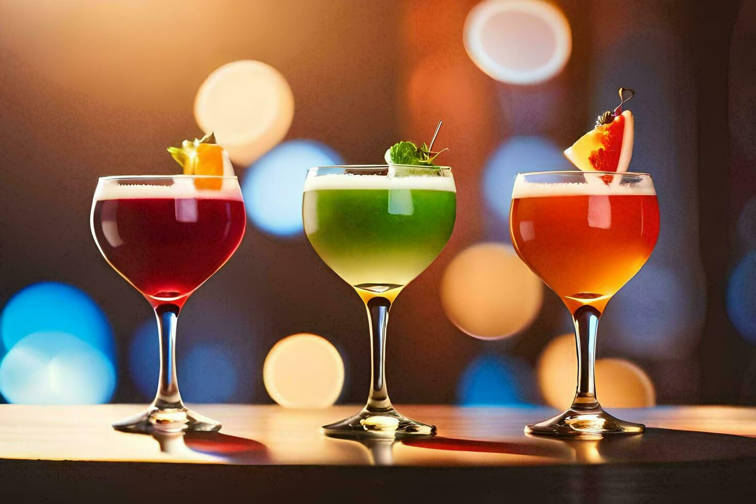 three different colored cocktails in glasses on a table. AI-Generated photo