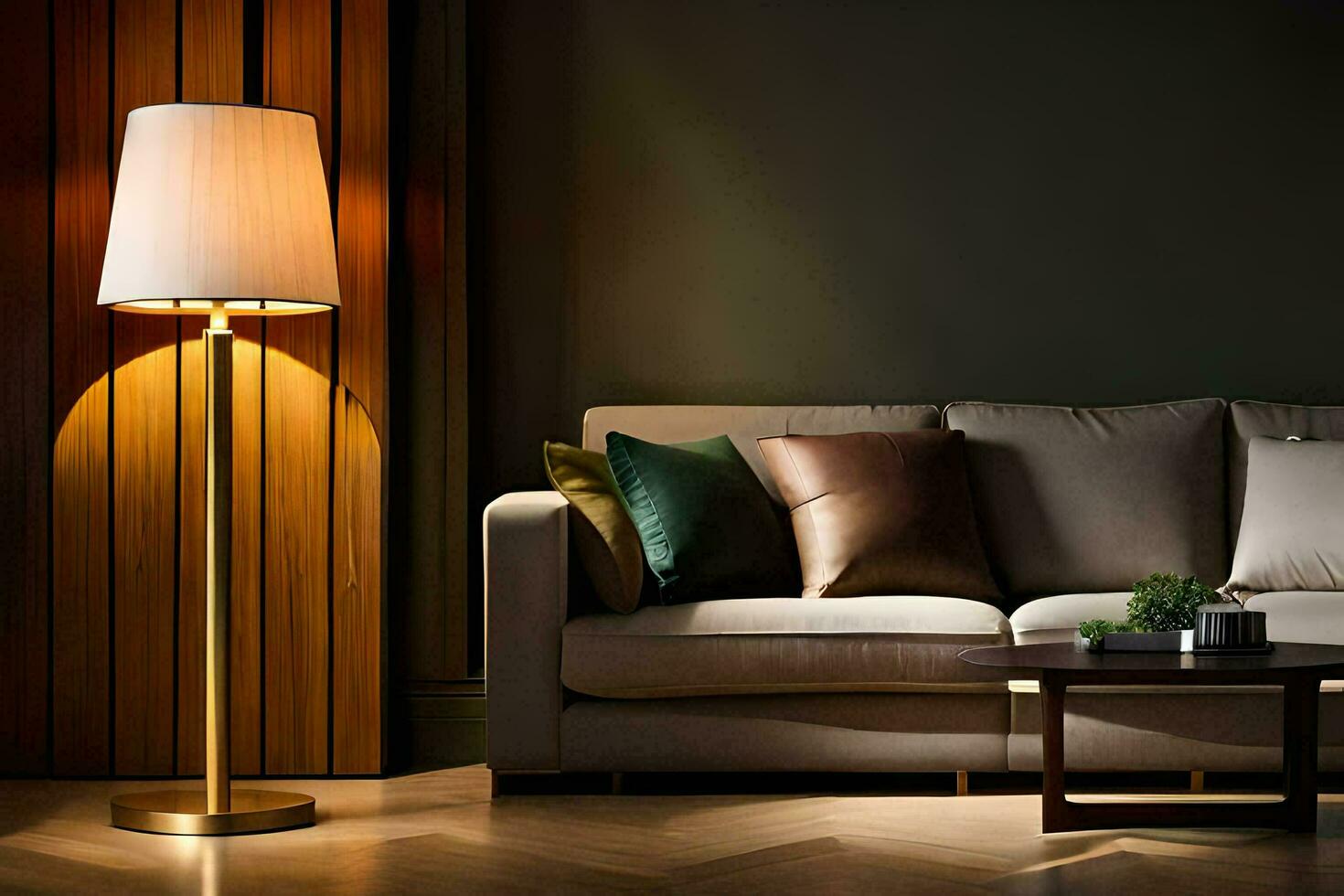 a living room with a couch, lamp and table. AI-Generated photo