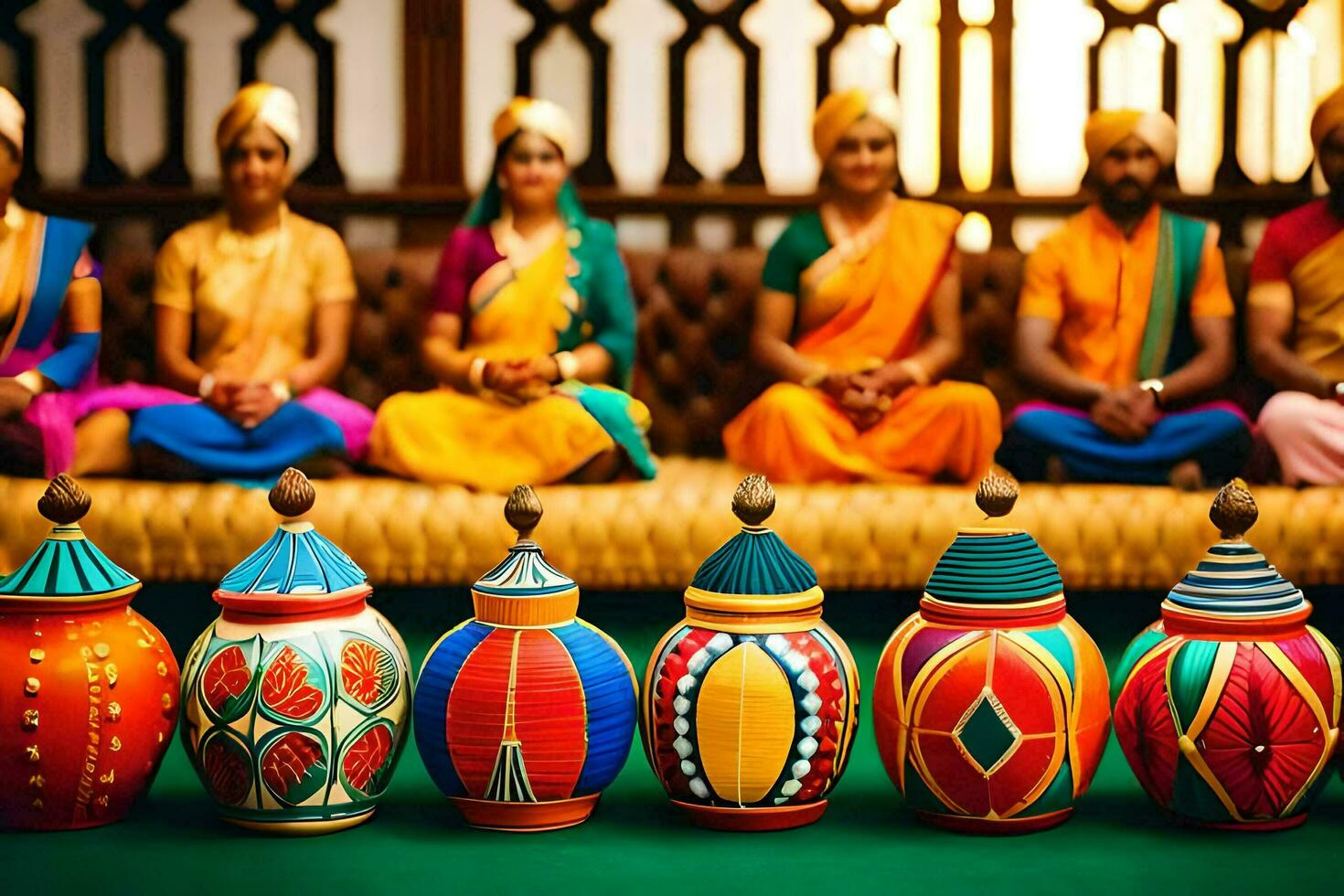 a group of women in indian outfits sitting on a couch. AI-Generated photo