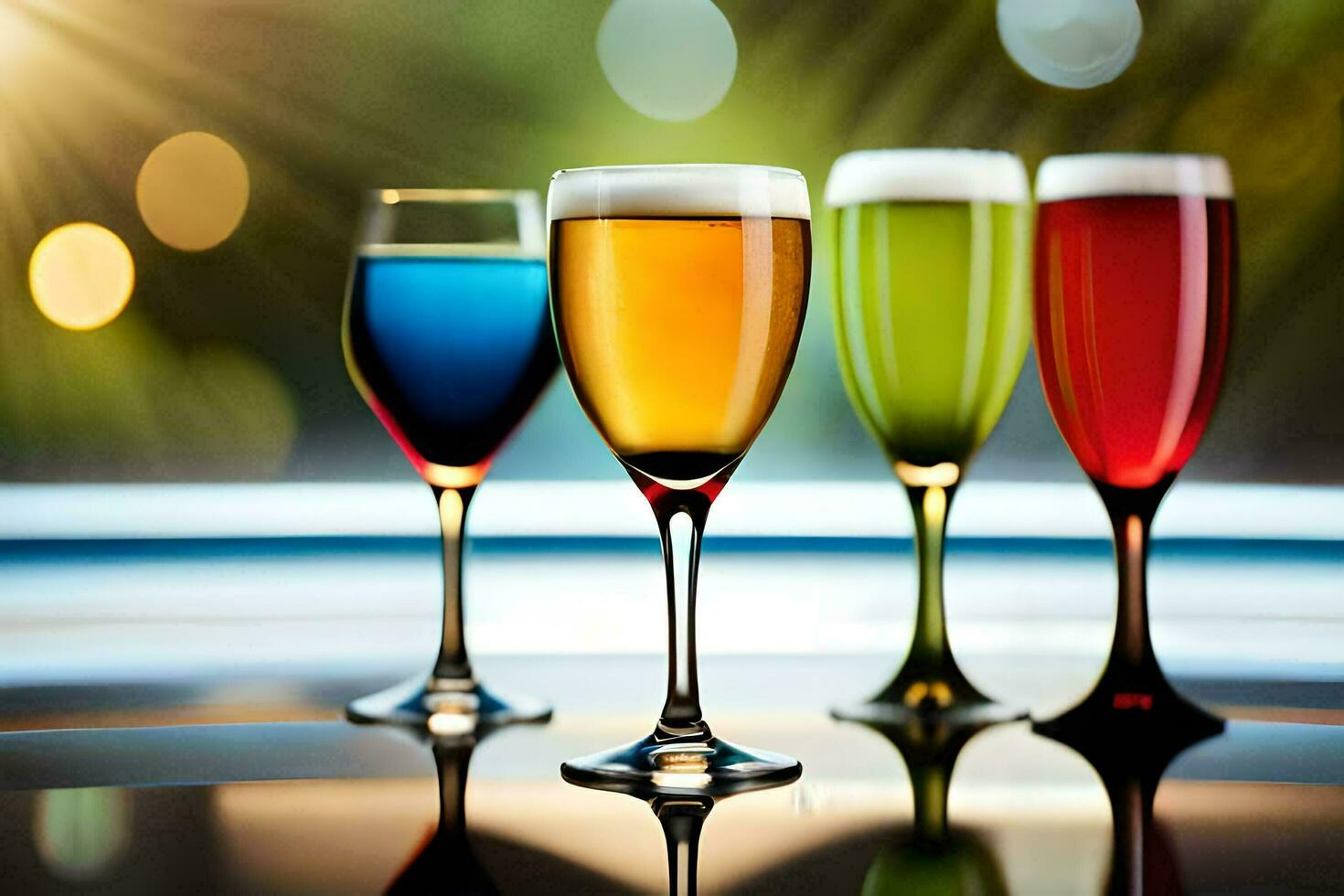 four glasses of different colored drinks are shown. AI-Generated photo