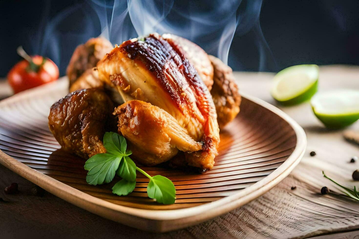 a chicken is on a wooden plate with smoke coming out of it. AI-Generated photo