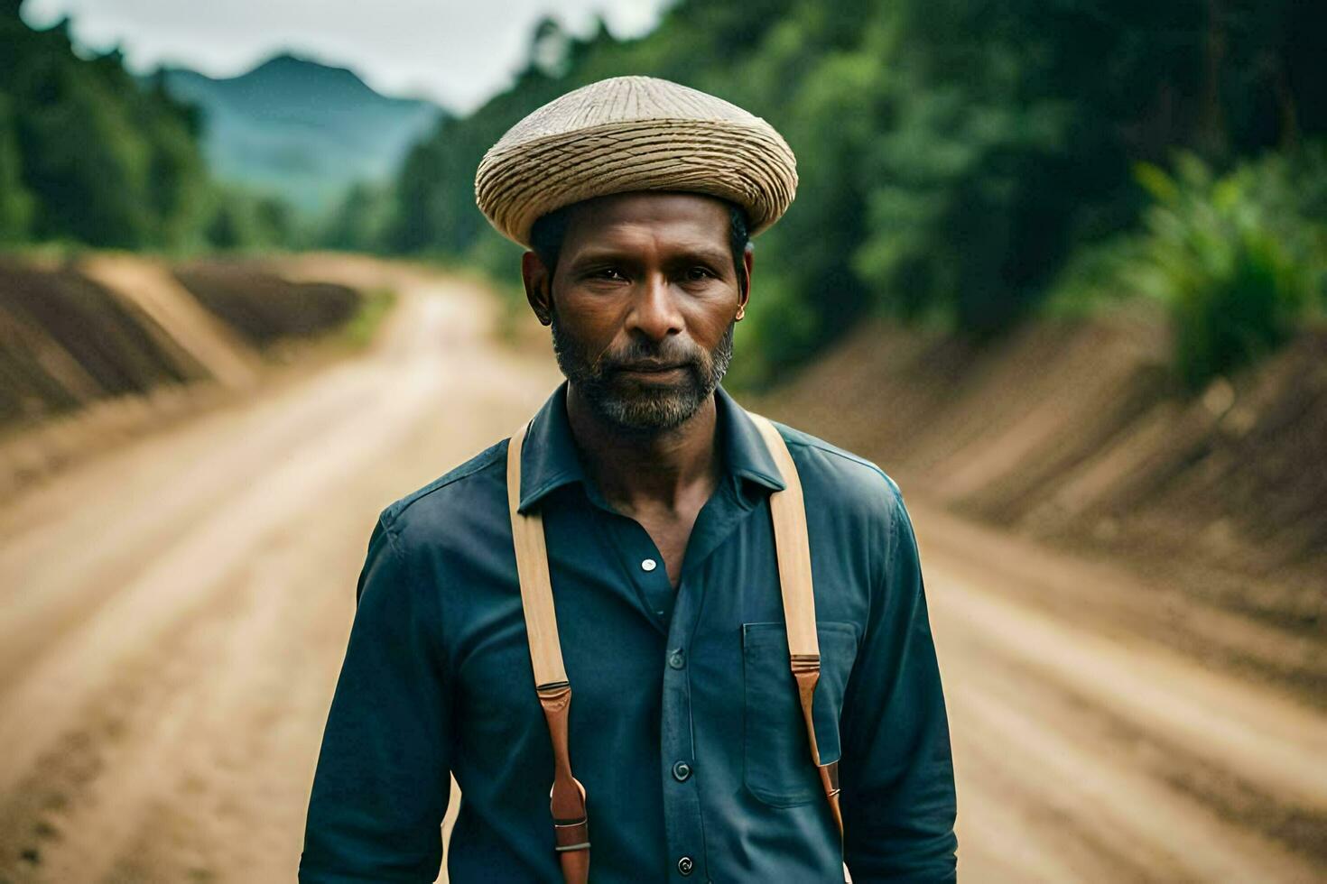 a man wearing a hat and suspenders standing on a dirt road. AI-Generated photo