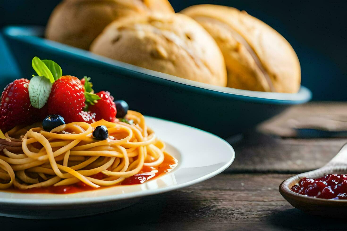 spaghetti with berries and bread on a plate. AI-Generated photo