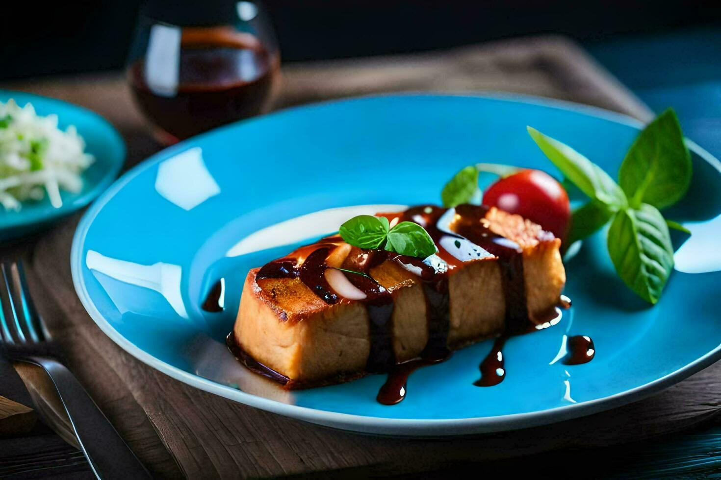 a piece of tofu on a blue plate with sauce. AI-Generated photo