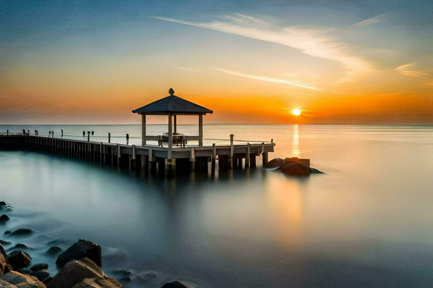 un muelle con un Kiosko a puesta de sol. generado por ai foto