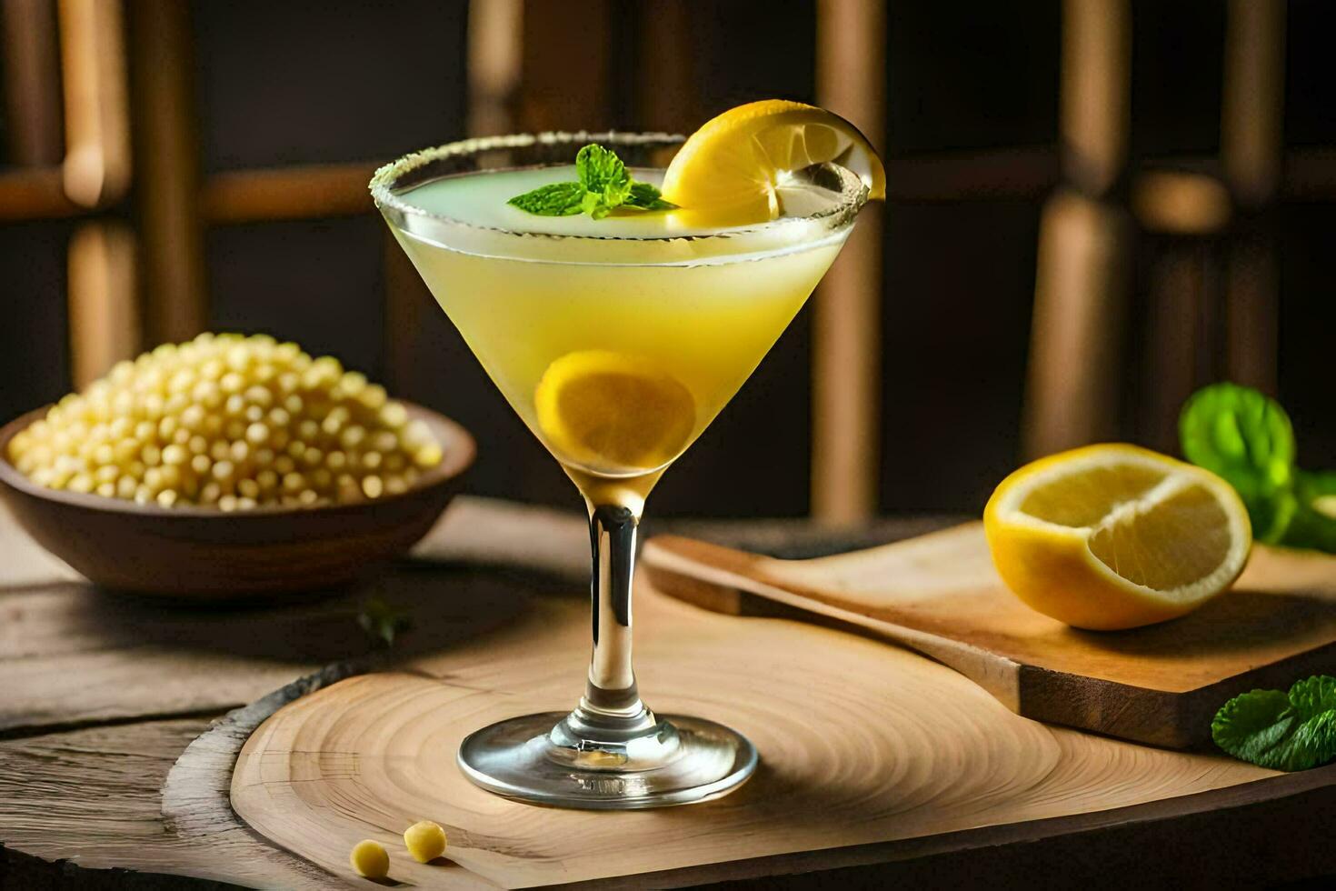 a cocktail with lemon and mint on a wooden table. AI-Generated photo