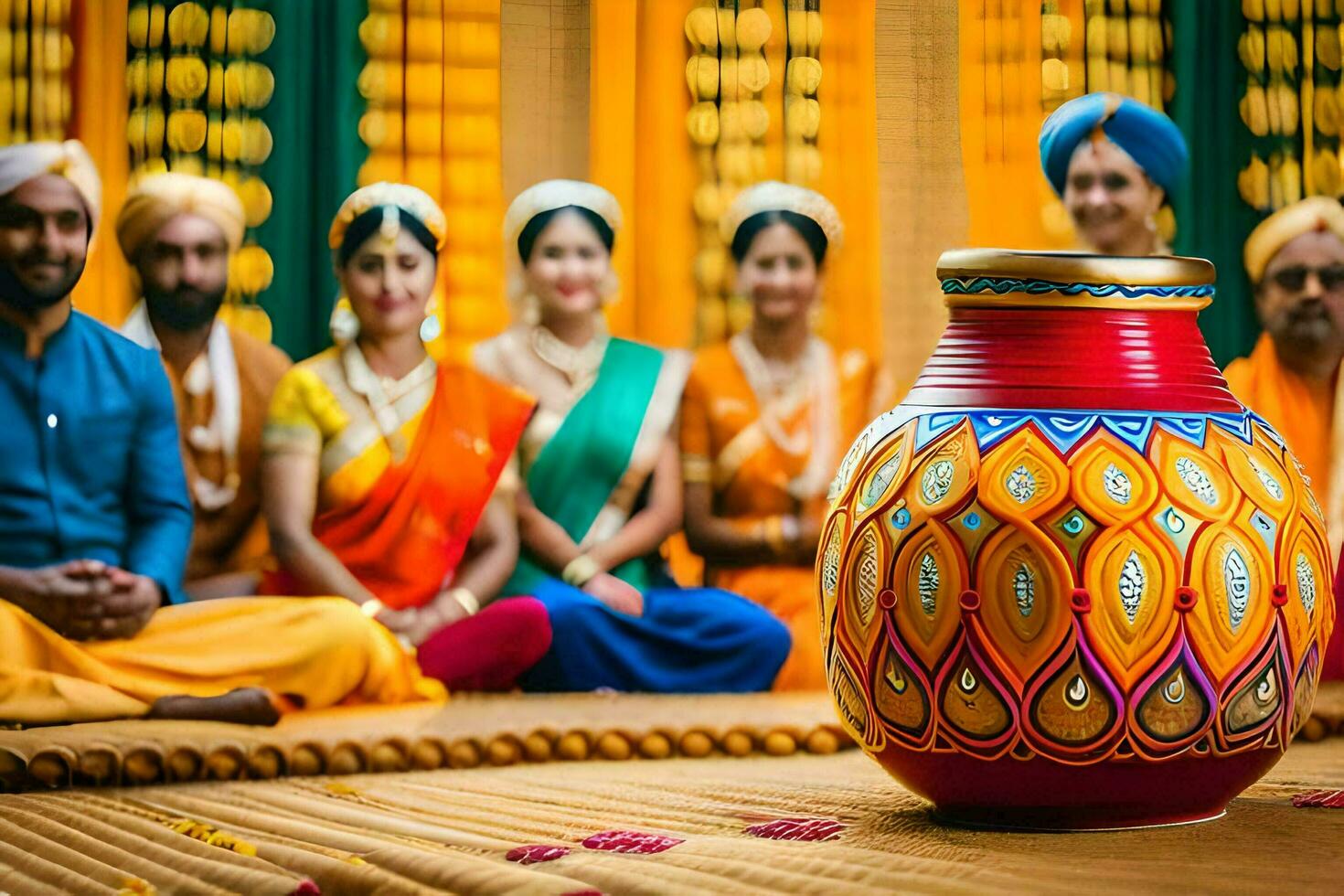 a group of people in indian attire sit around a colorful vase. AI-Generated photo