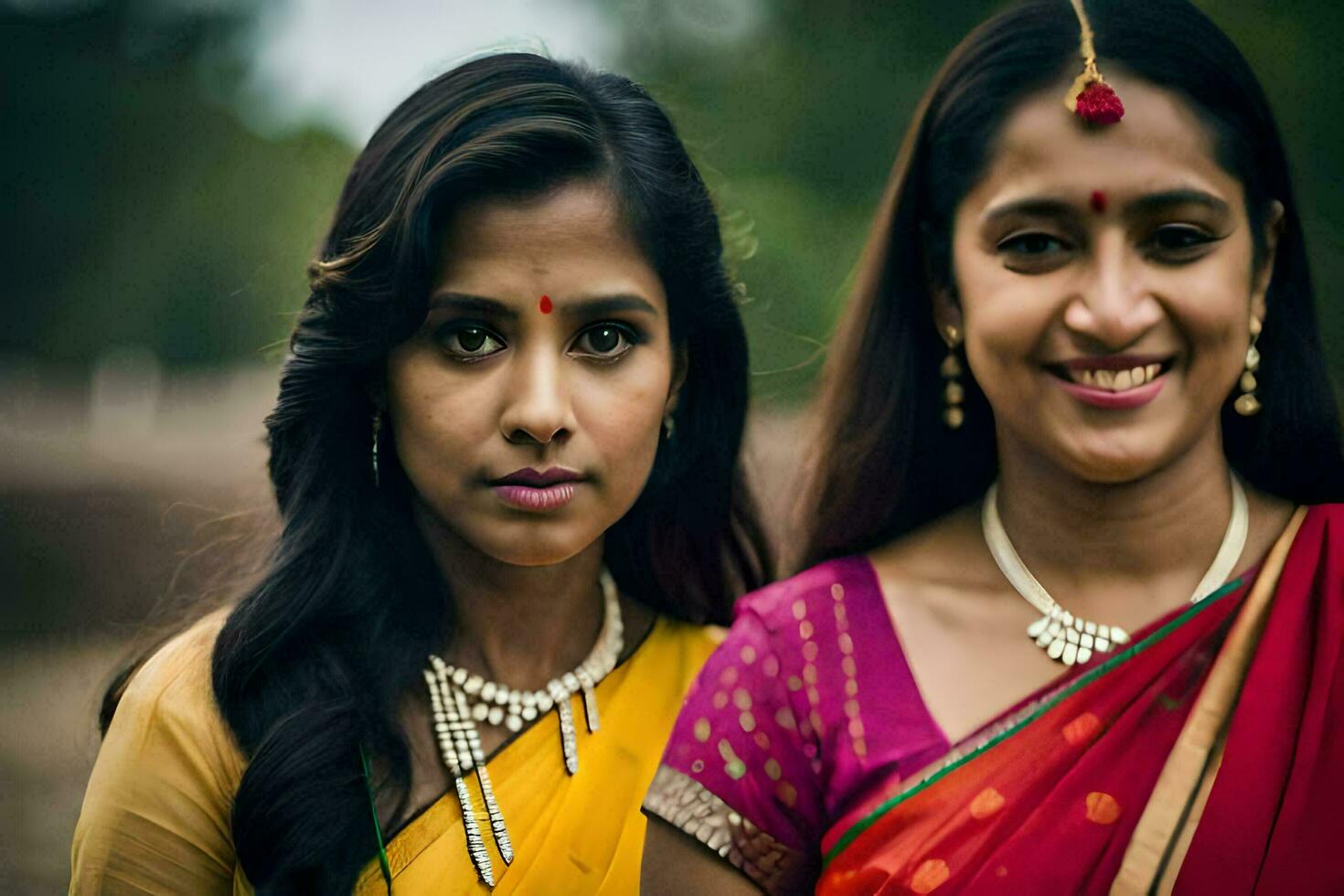 two women in saris standing next to each other. AI-Generated photo