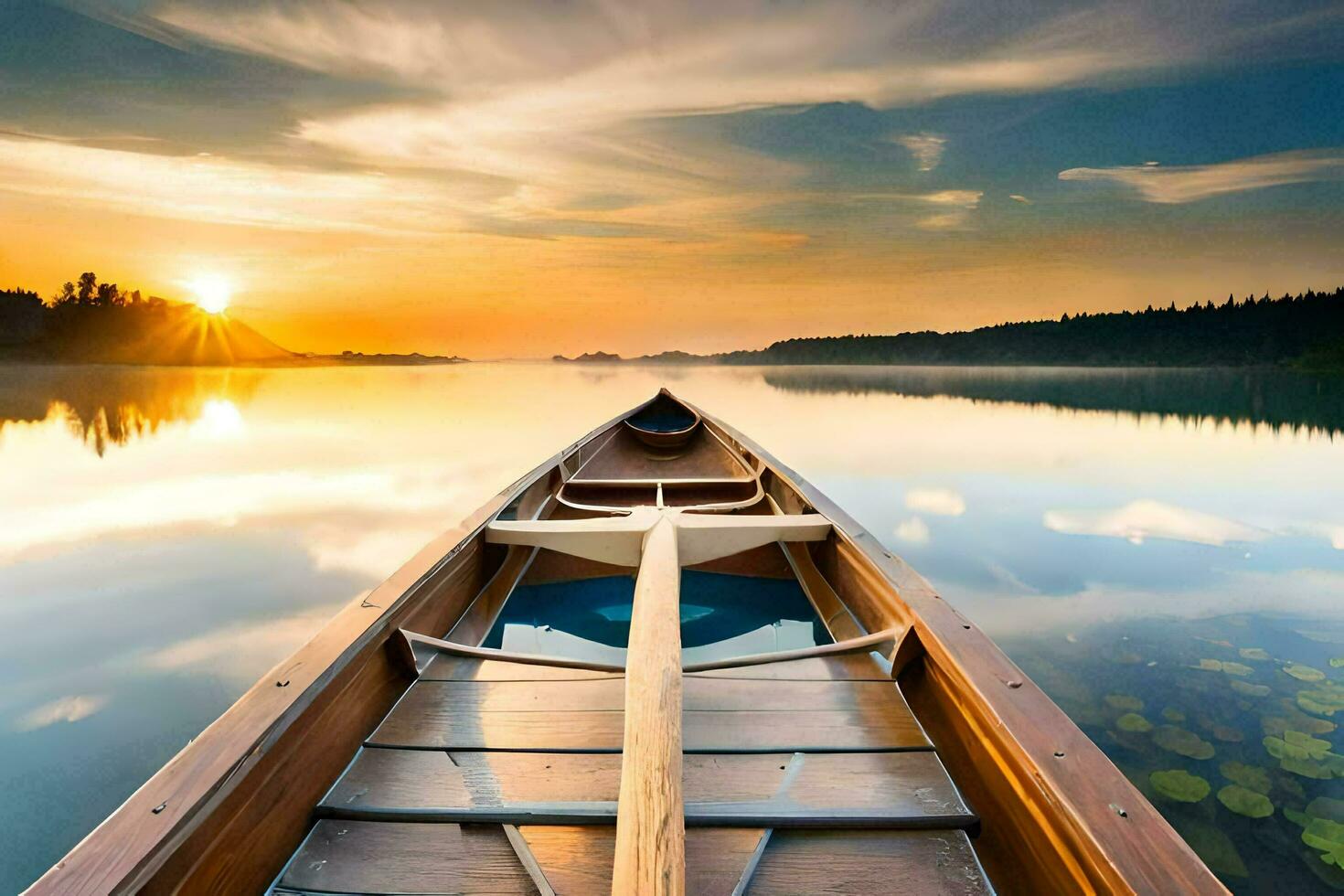 a canoe is seen in the water at sunset. AI-Generated photo