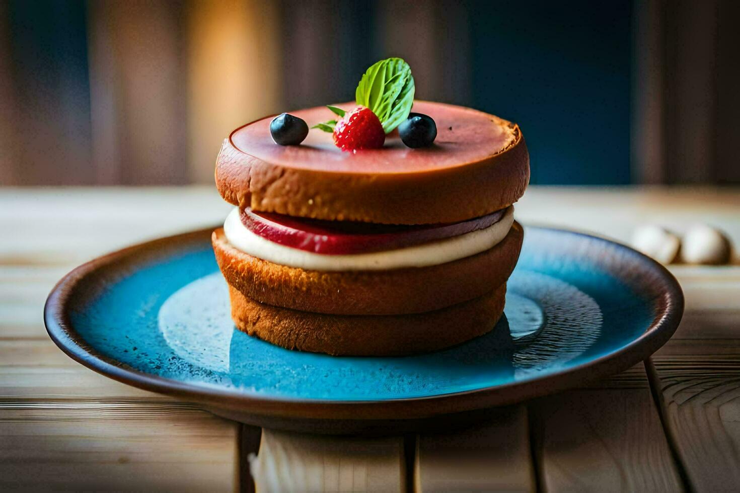 un pastel con bayas y crema en un azul lámina. generado por ai foto