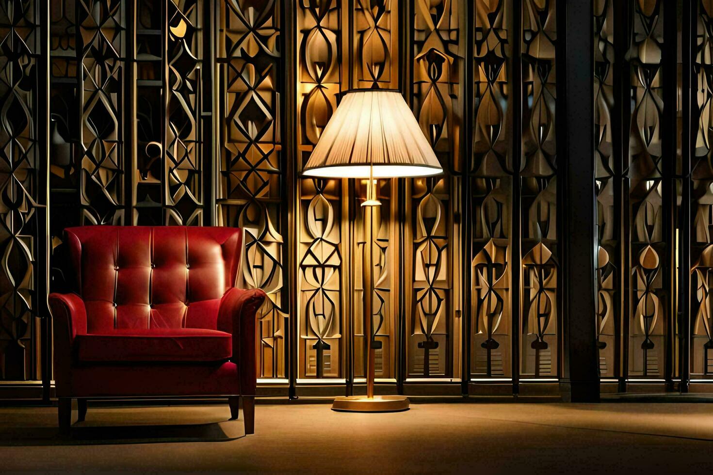 a red chair and lamp in front of a wall. AI-Generated photo